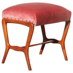 Midcentury Italian Stool Rectangular Old Pink Velvet Cherrywood