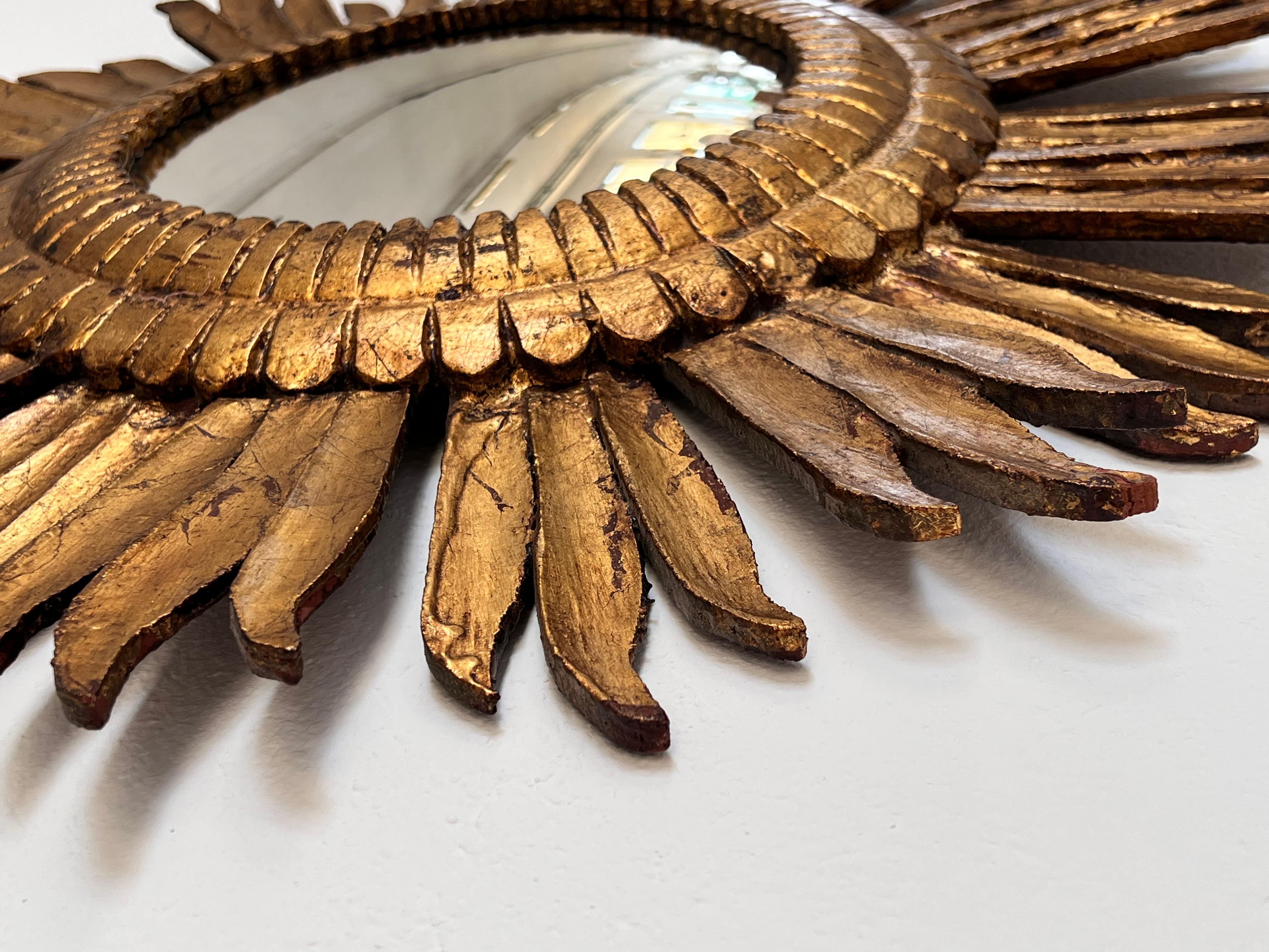 Miroir italien du milieu du siècle en bois doré Sunburst avec miroir concave en vente 14