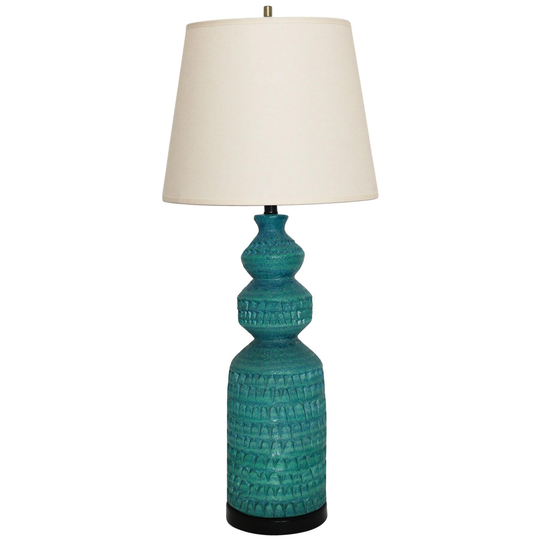 Midcentury Italian Tall Turquoise Ceramic Lamp Attributed to Alvino Bagni