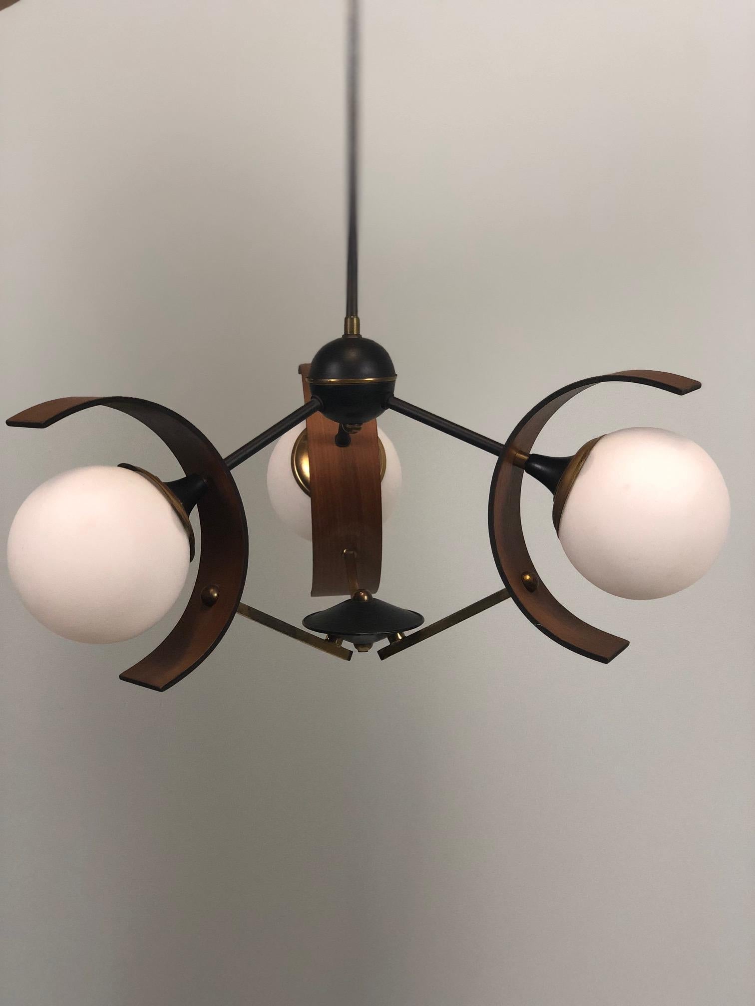 Mid-20th Century Midcentury Italian Teak and Glass Chandelier, 1960s For Sale