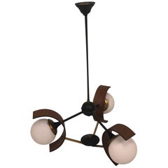 Midcentury Italian Teak and Glass Chandelier, 1960s