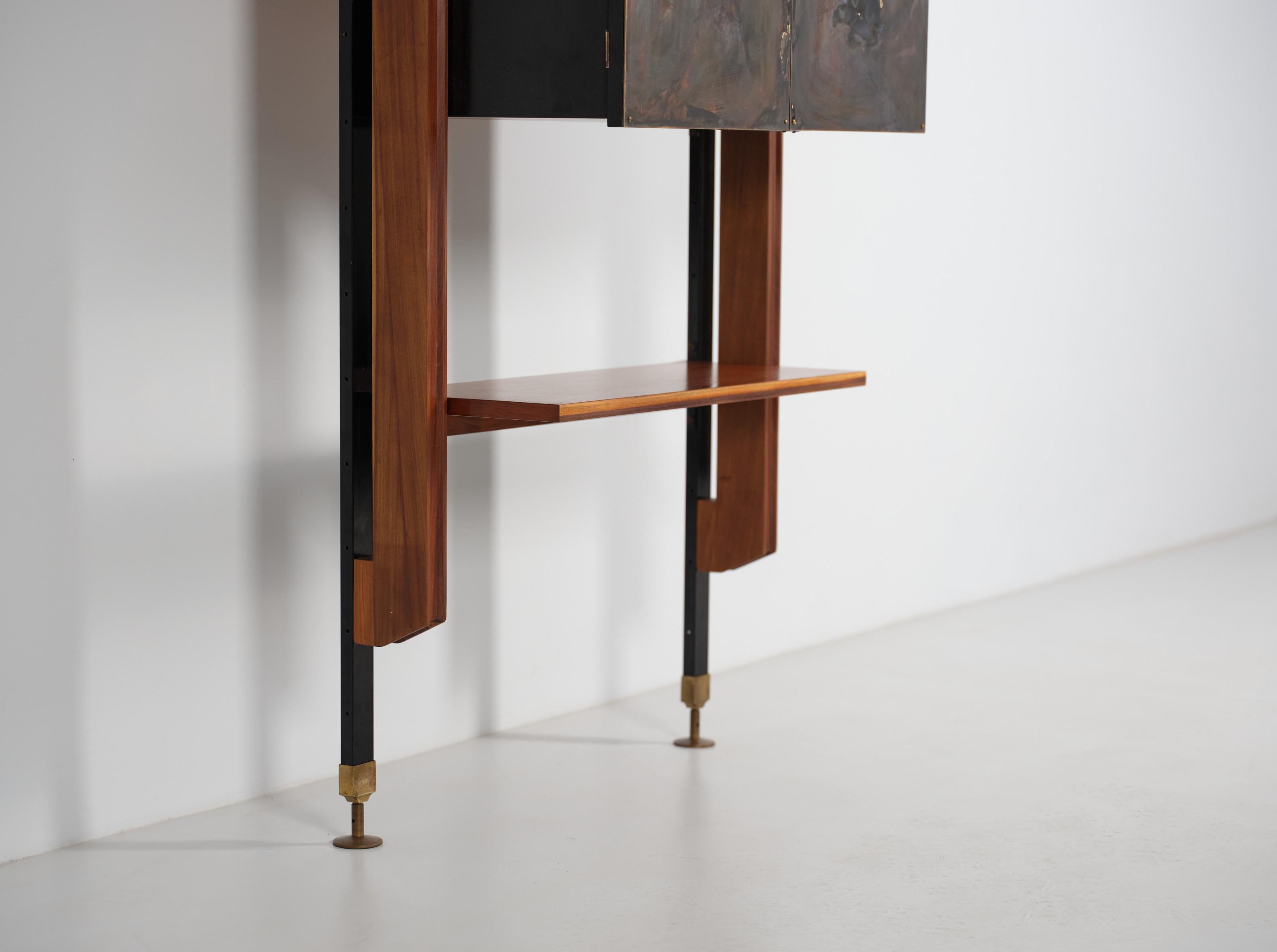 Midcentury Italian Teak Modular Wall Unit with Adjustable Height and Brass 5
