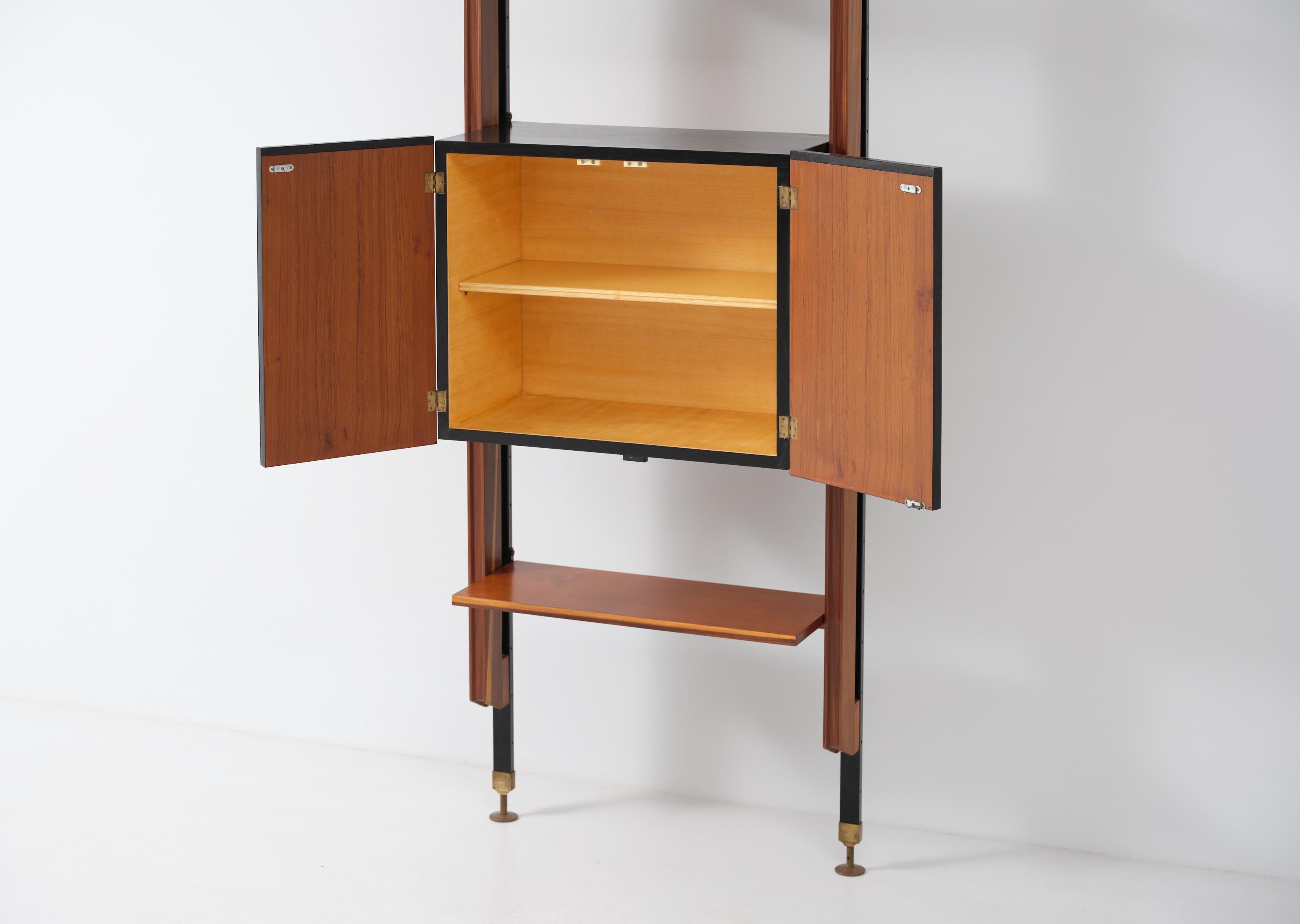 Mid-Century Modern Midcentury Italian Teak Modular Wall Unit with Adjustable Height and Brass