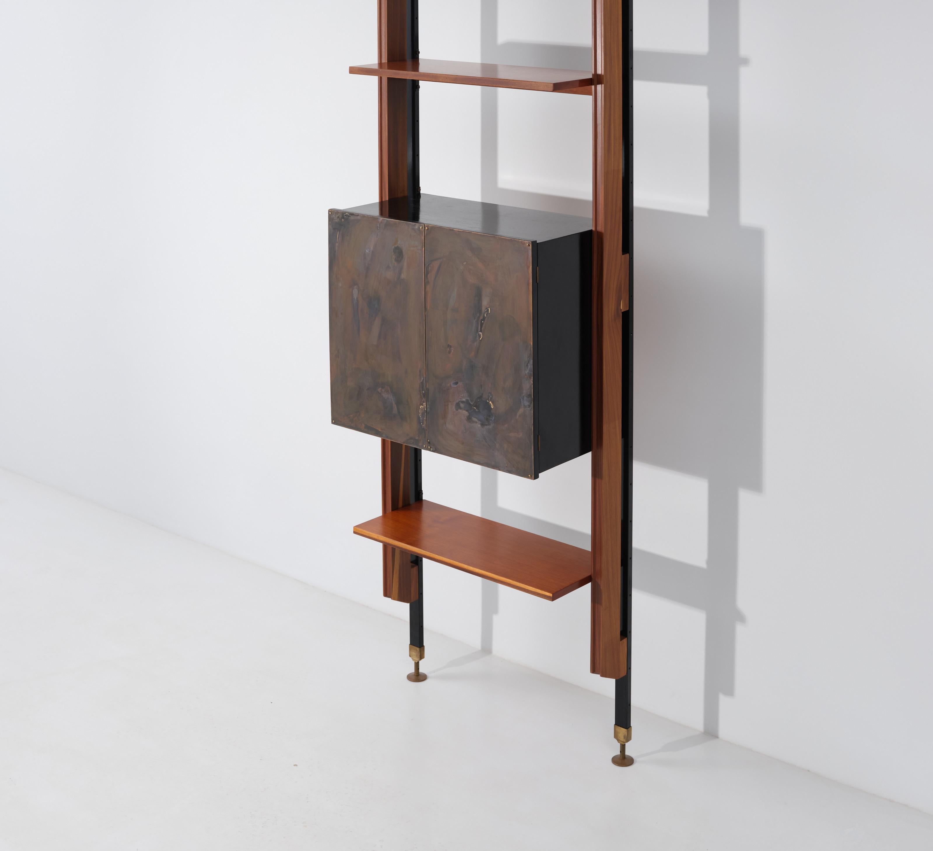 Midcentury Italian Teak Modular Wall Unit with Adjustable Height and Brass 1