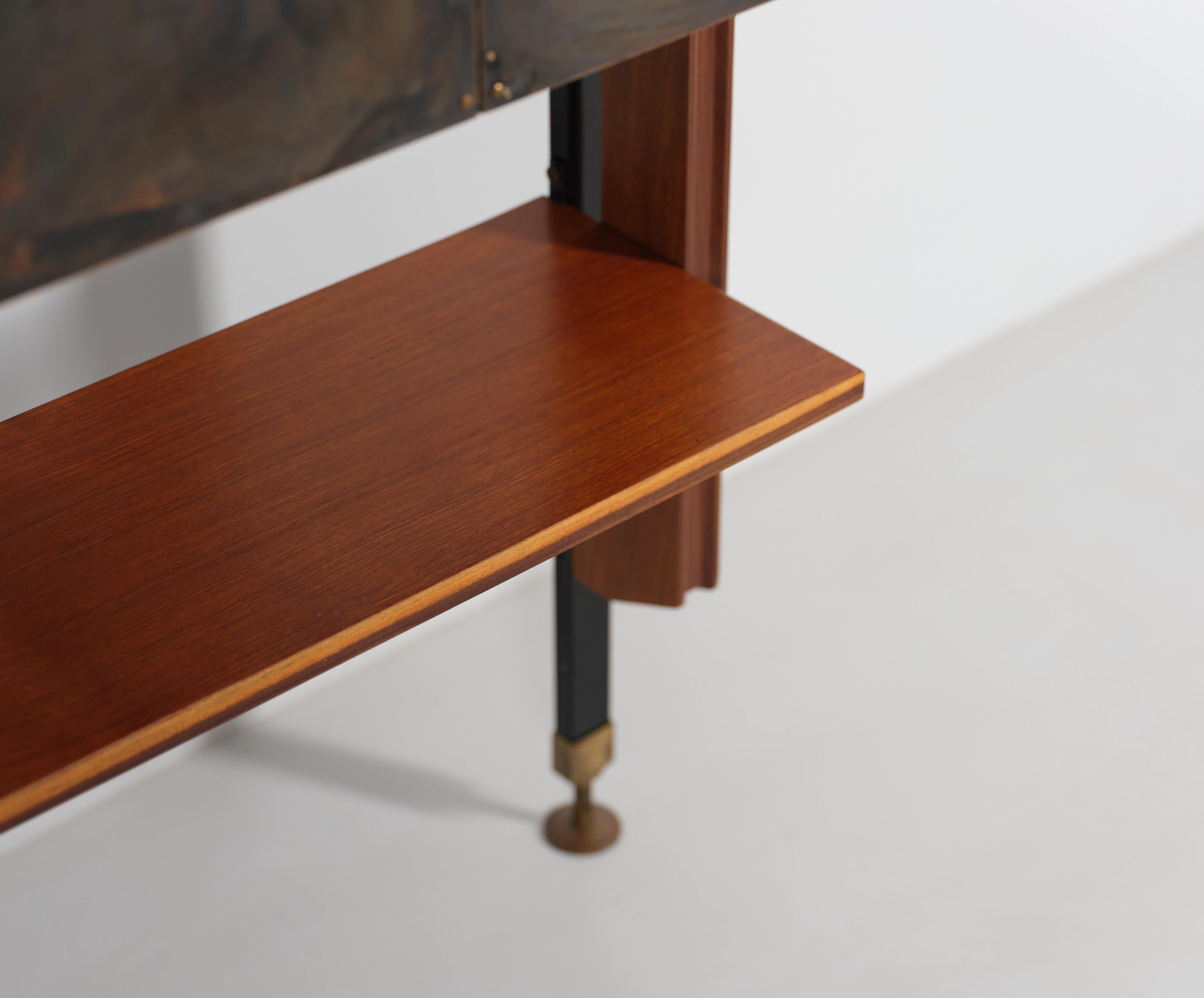 Midcentury Italian Teak Modular Wall Unit with Adjustable Height and Brass 2