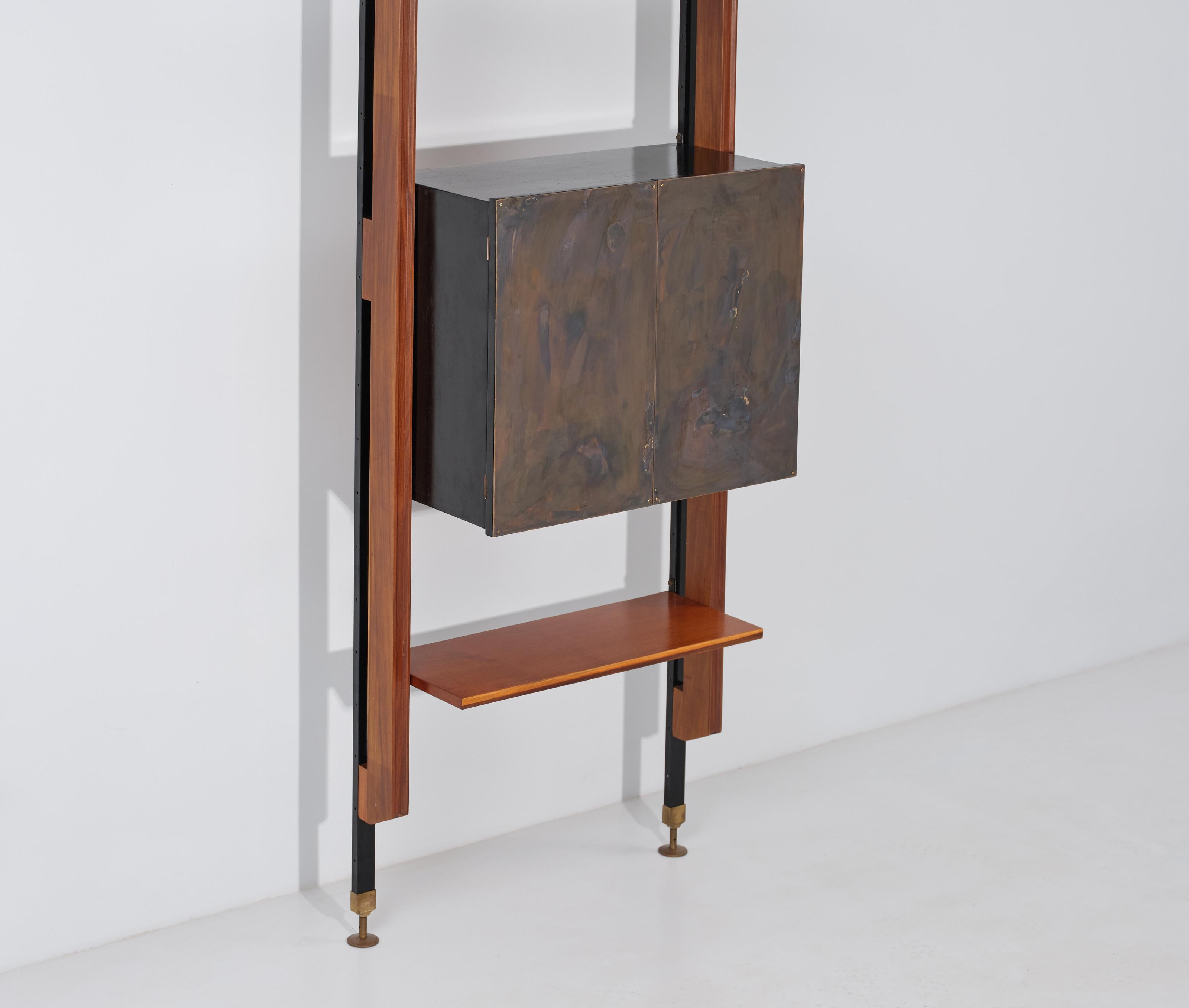 Midcentury Italian Teak Modular Wall Unit with Adjustable Height and Brass 3