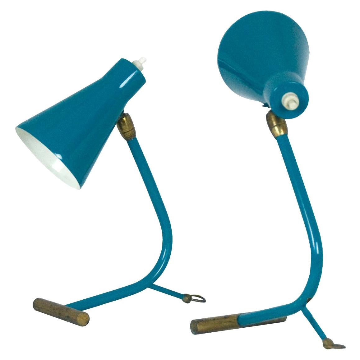 Midcentury Italian Teal Green and Brass Table Lamps Attributed to Stilnovo, 1950 For Sale