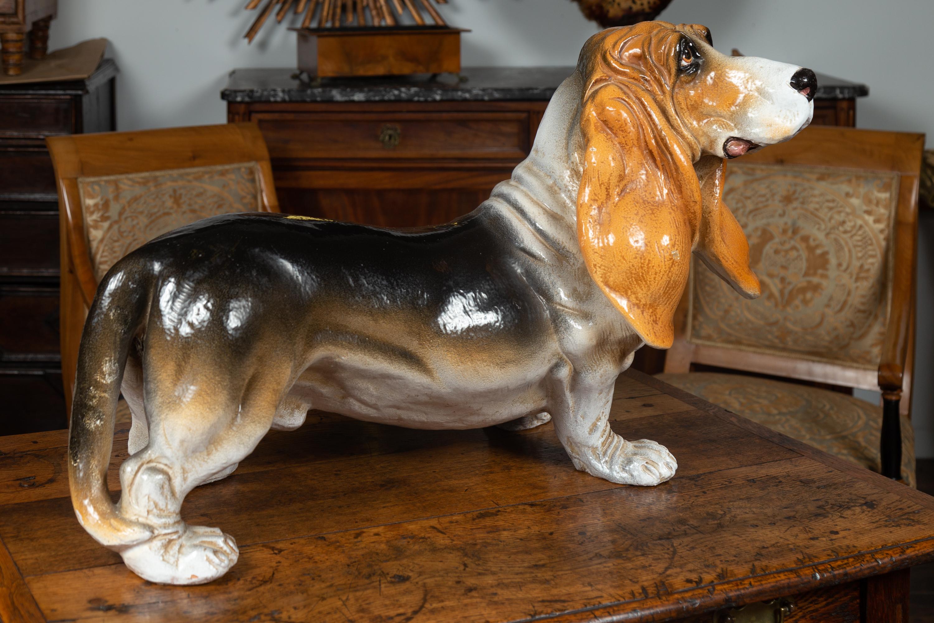 Midcentury Italian Terracotta Basset Hound Sculpture with Russet and Black Coat 2