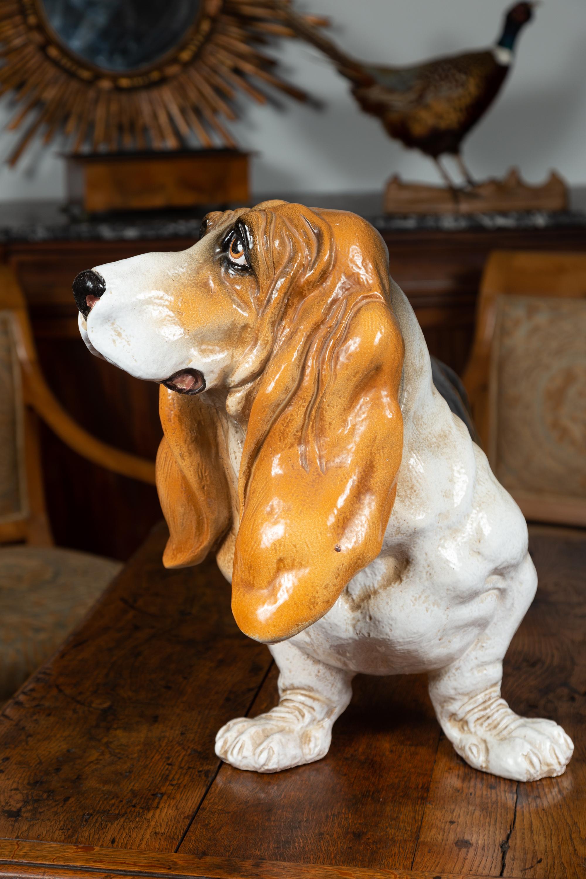 Midcentury Italian Terracotta Basset Hound Sculpture with Russet and Black Coat 5
