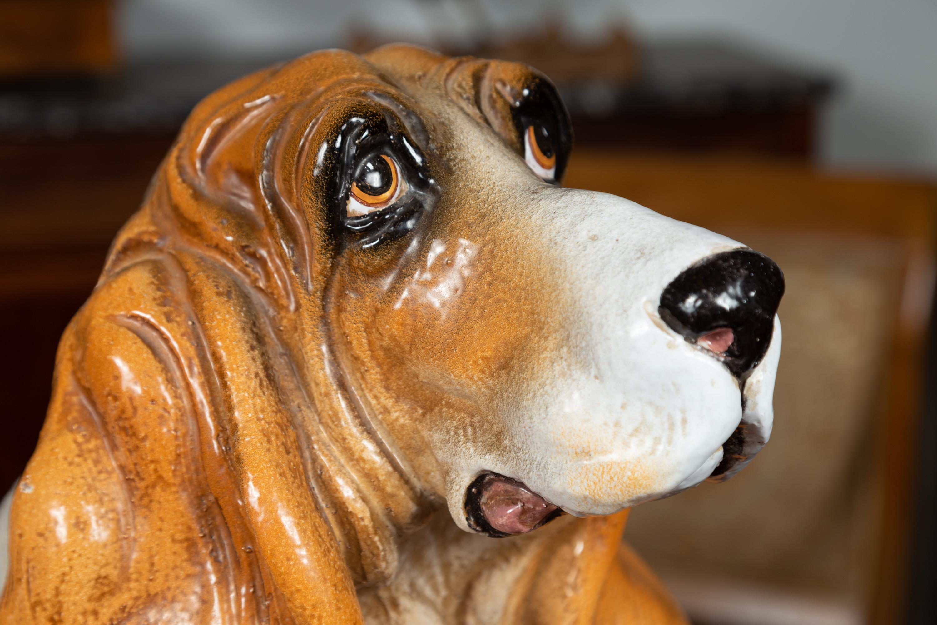 Mid-Century Modern Midcentury Italian Terracotta Basset Hound Sculpture with Russet and Black Coat