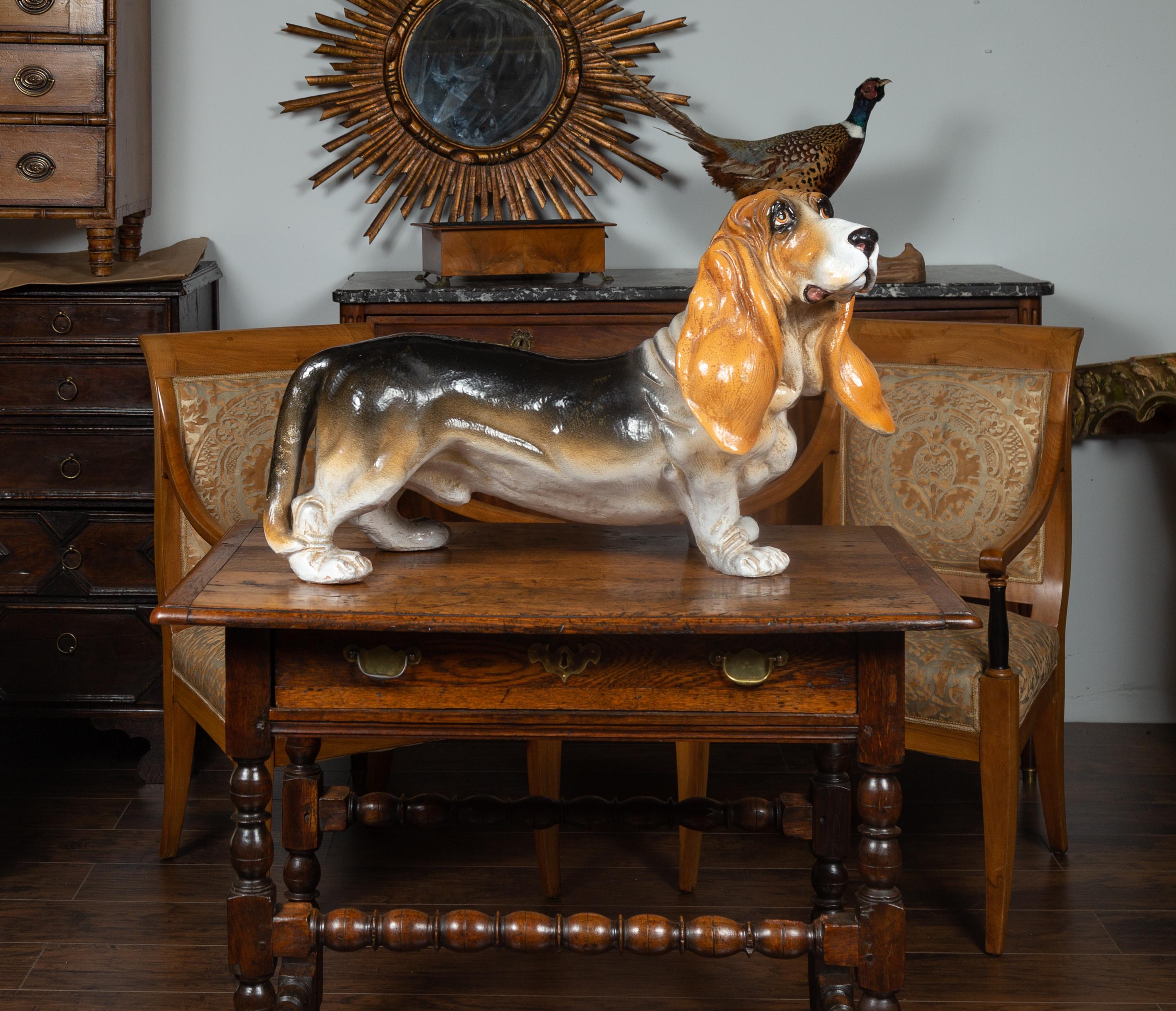 Midcentury Italian Terracotta Basset Hound Sculpture with Russet and Black Coat 1