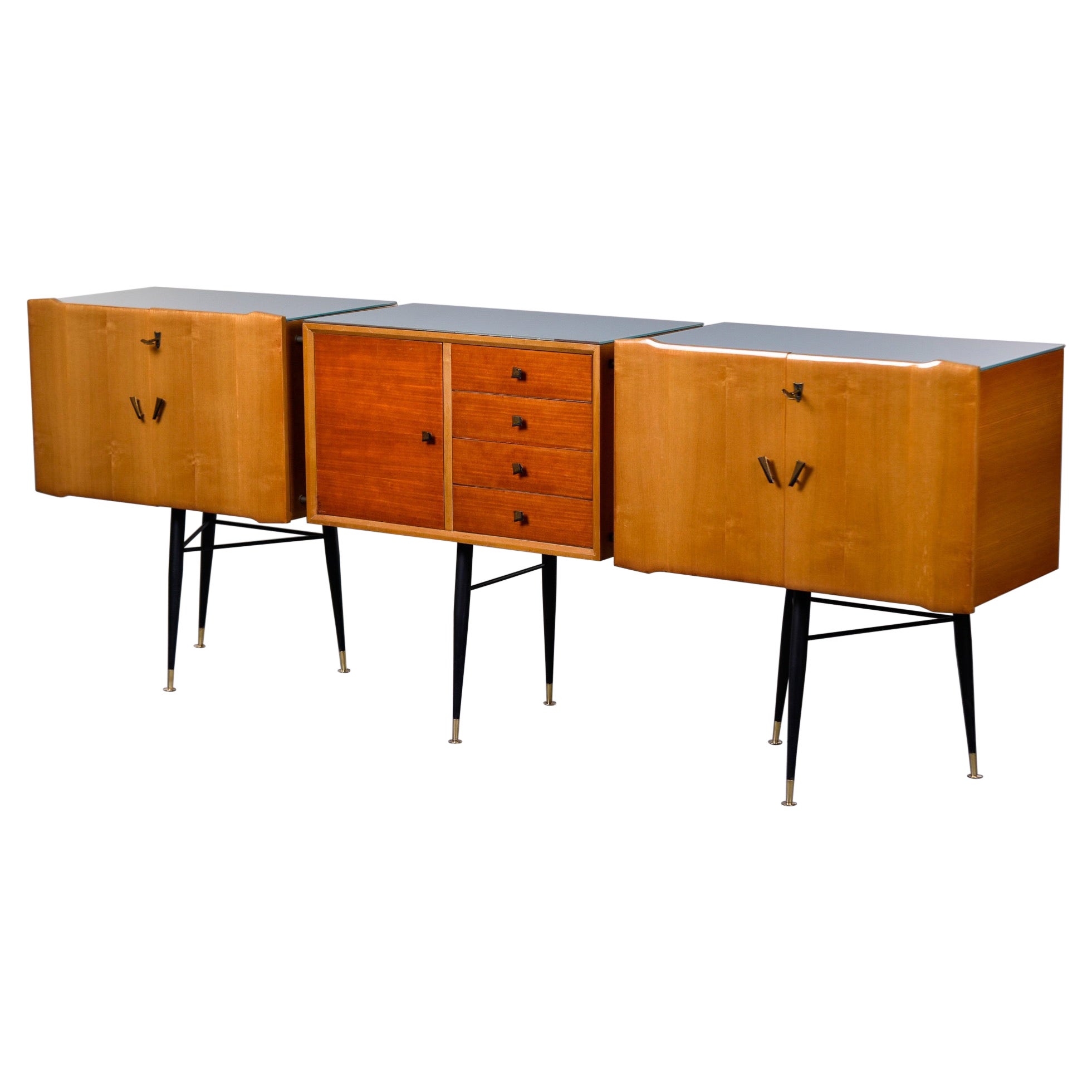 Midcentury Italian Three Segment Blonde Buffet with Black Legs For Sale