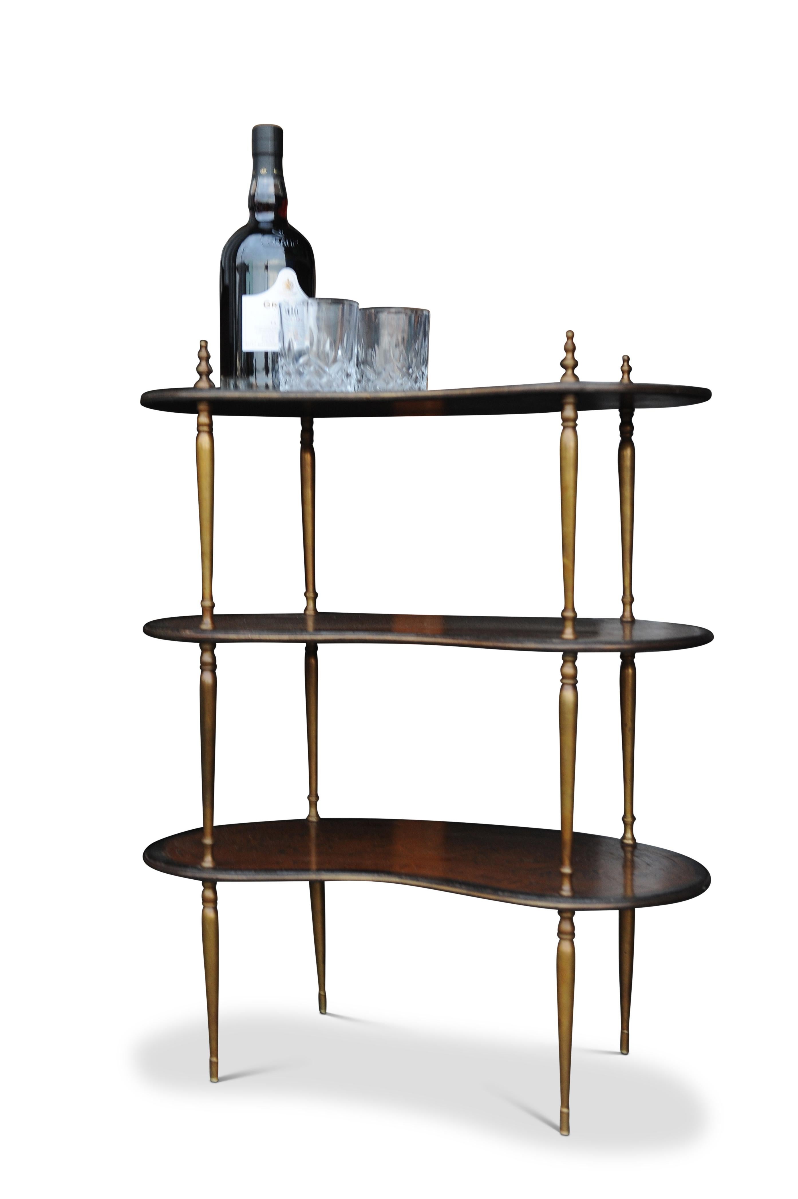 20th Century Midcentury Italian Three Tier Kidney Shaped Brass & Marquetry Étagére For Sale