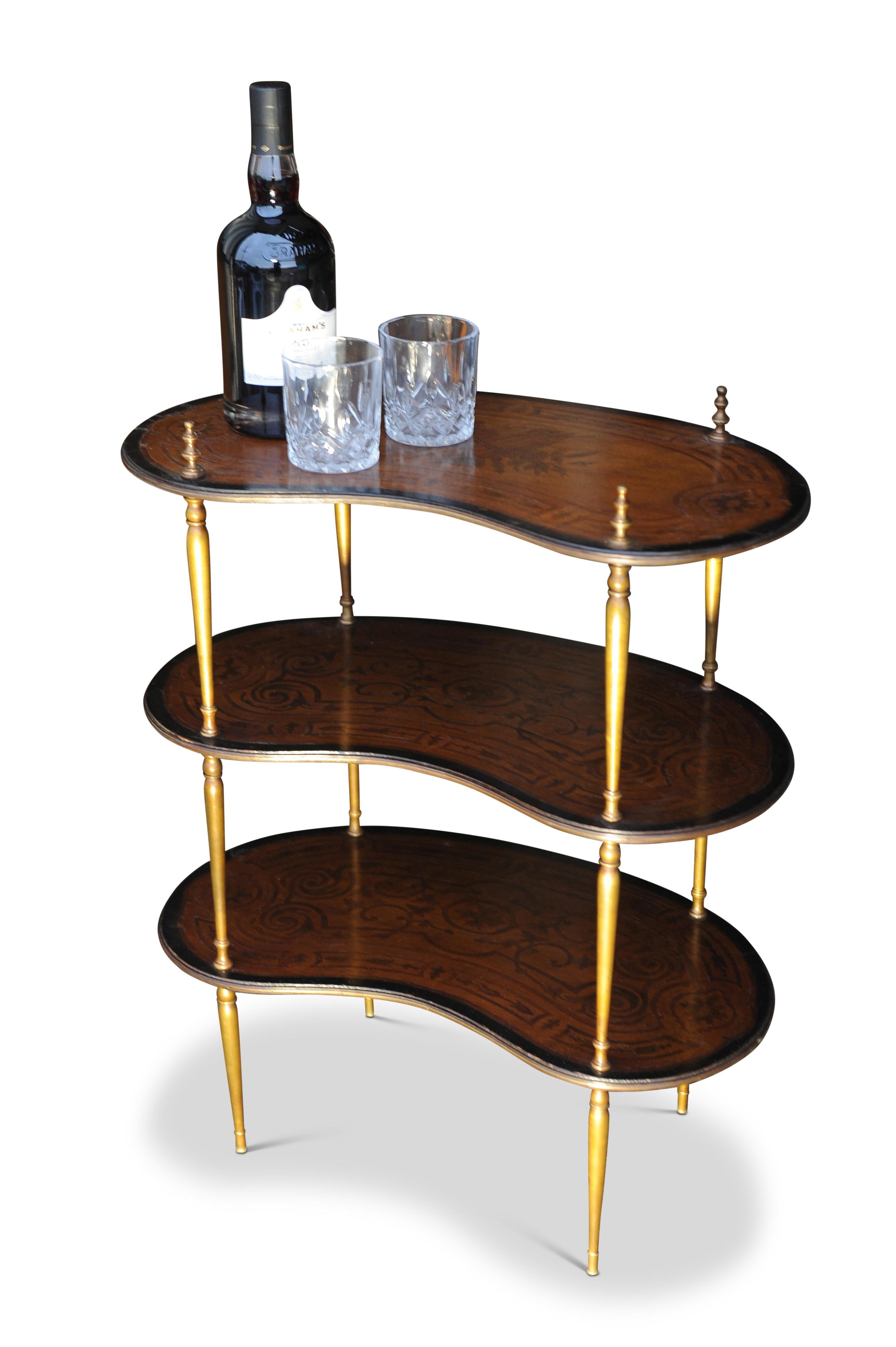 Midcentury Italian Three Tier Kidney Shaped Brass & Marquetry Étagére For Sale 1