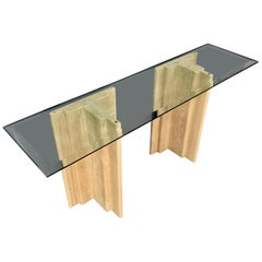 Midcentury Italian Travertine and Glass Console Table
