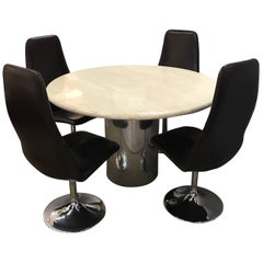 Midcentury Italian Travertine Round Dining Table and Four Johanson Design Chairs