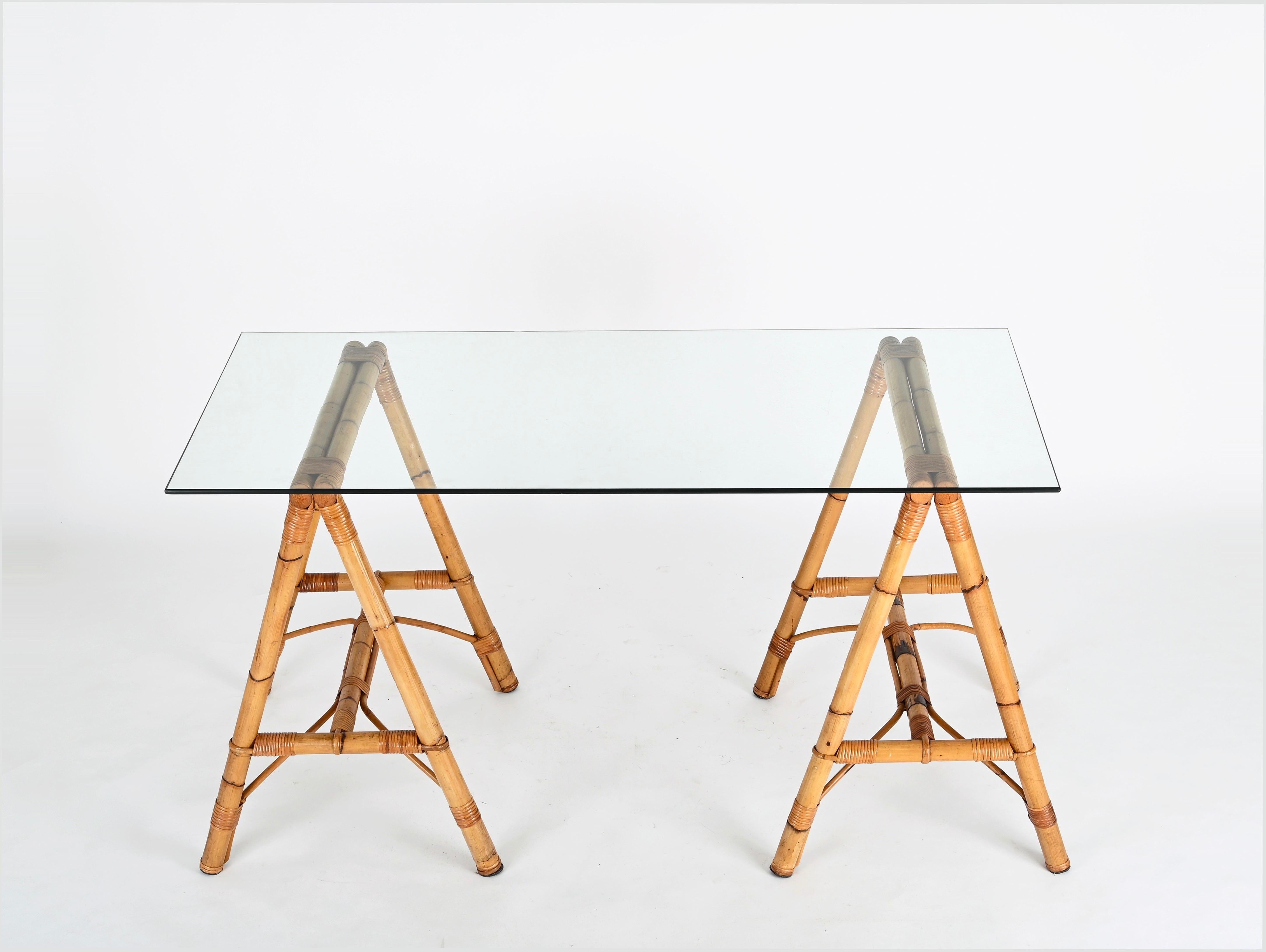 Midcentury Italian Trestle Desk or Table in Bamboo, Rattan by Vivai Del Sud, 70s For Sale 5