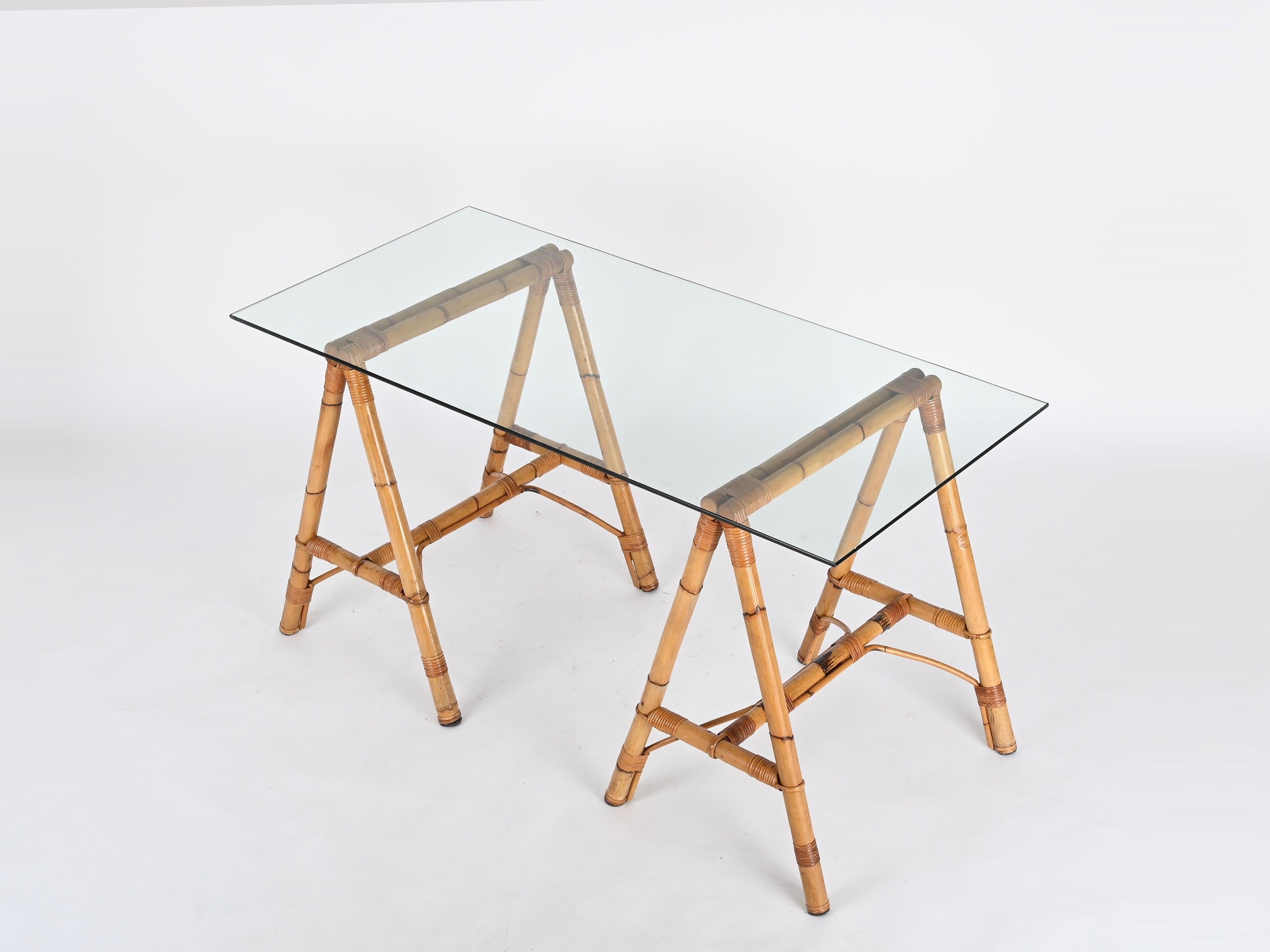 Midcentury Italian Trestle Desk or Table in Bamboo, Rattan by Vivai Del Sud, 70s For Sale 6