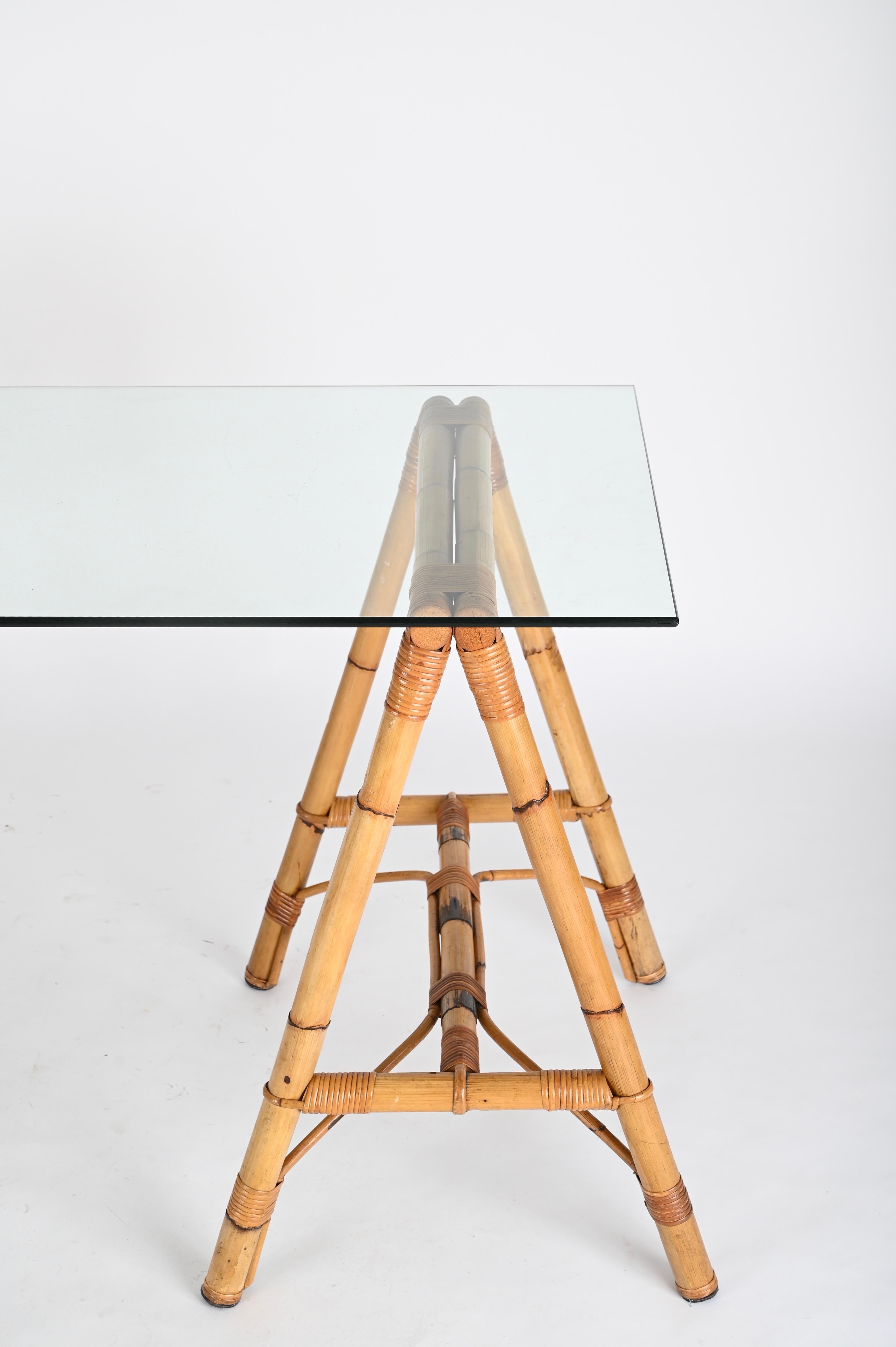 Midcentury Italian Trestle Desk or Table in Bamboo, Rattan by Vivai Del Sud, 70s For Sale 9