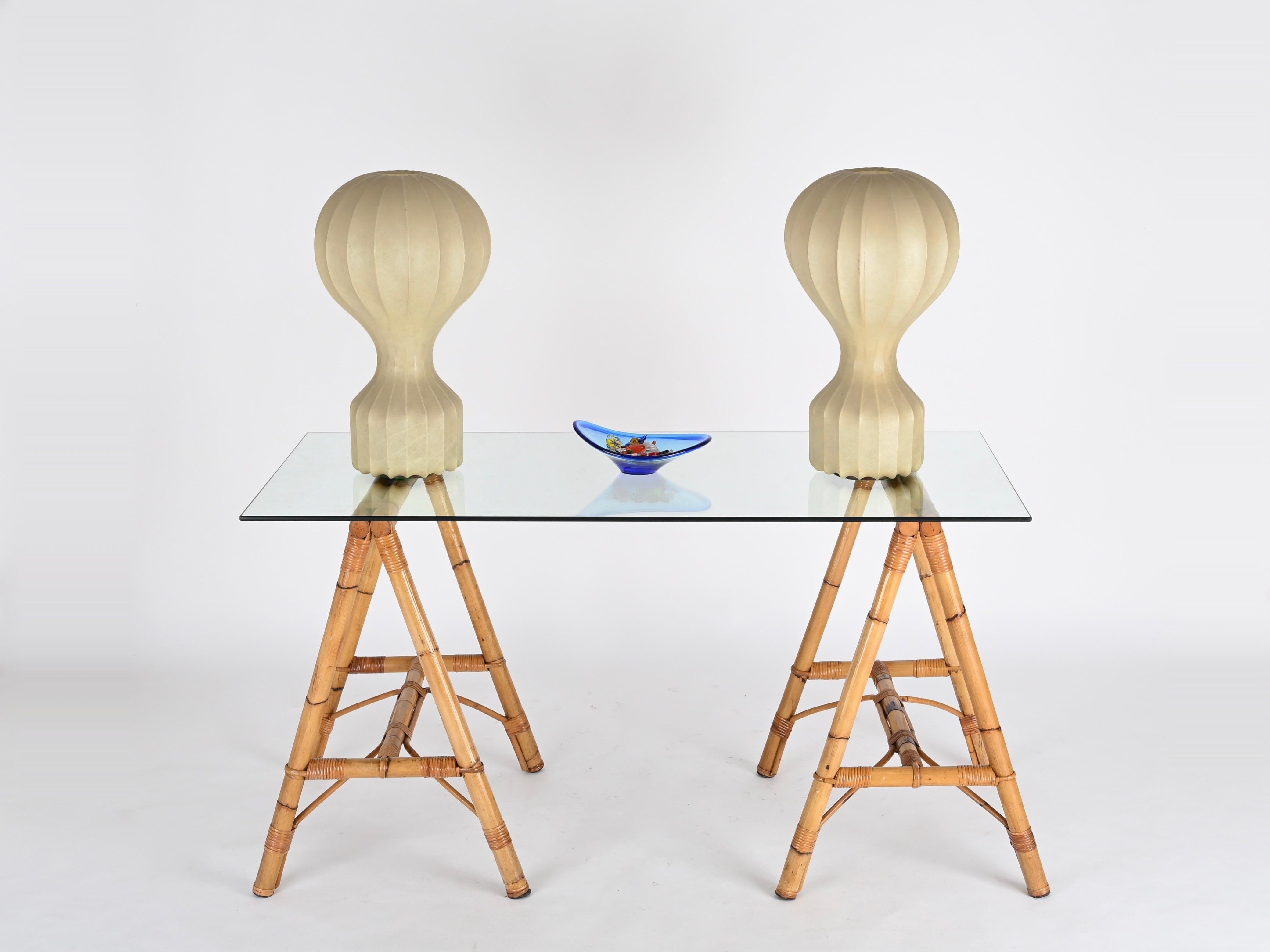 Midcentury Italian Trestle Desk or Table in Bamboo, Rattan by Vivai Del Sud, 70s For Sale 10