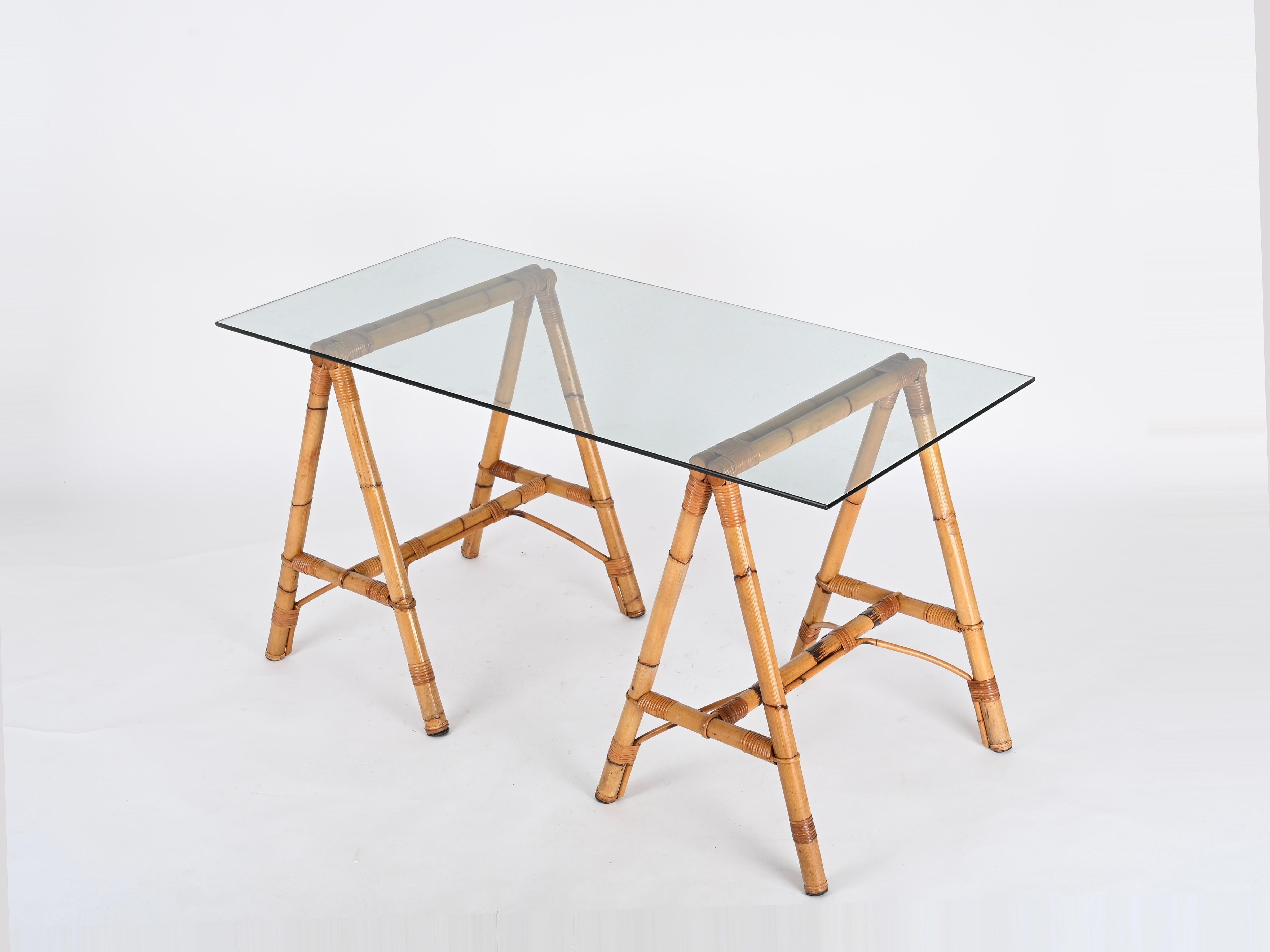 Mid-Century Modern Midcentury Italian Trestle Desk or Table in Bamboo, Rattan by Vivai Del Sud, 70s For Sale