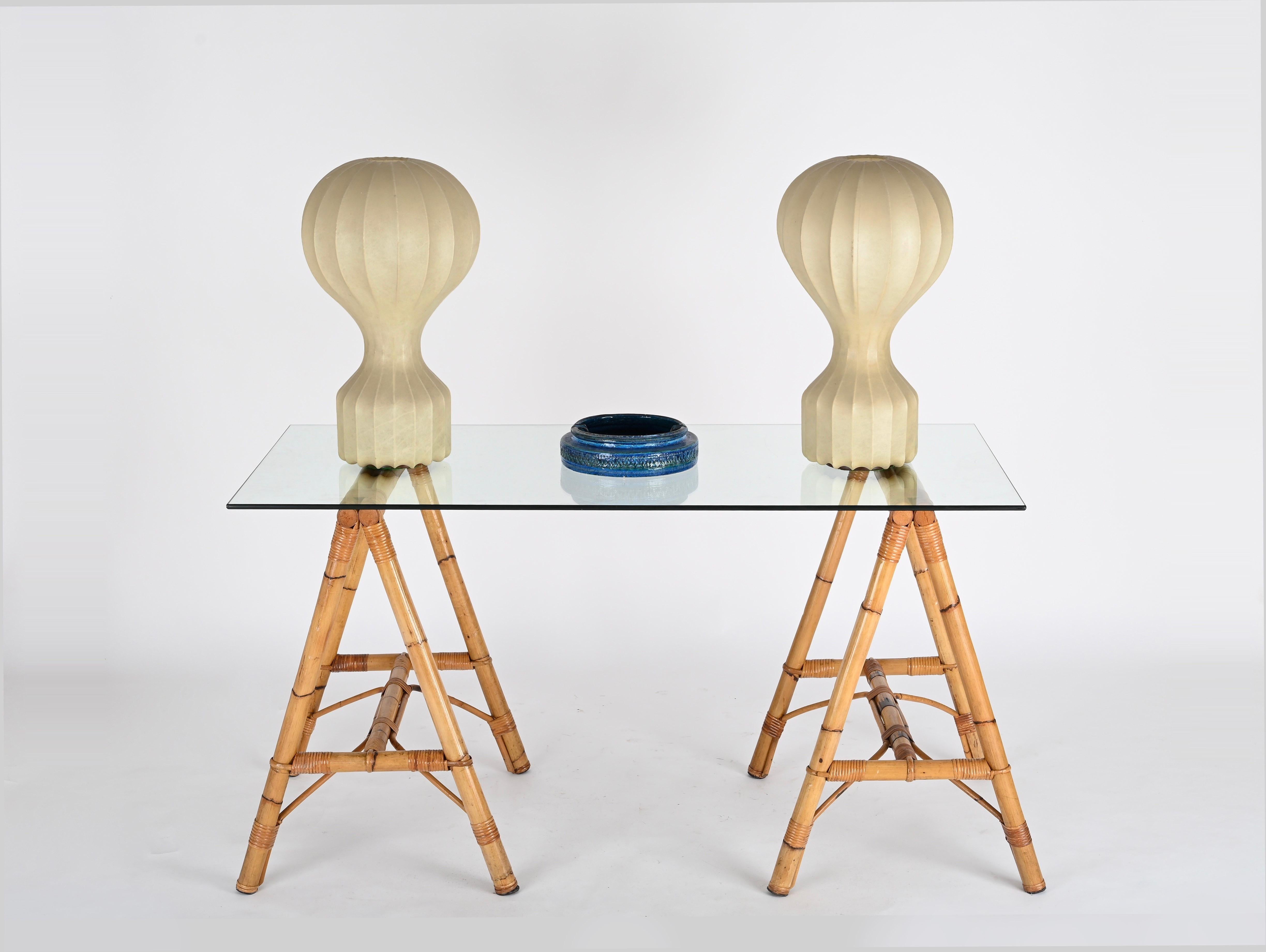 Midcentury Italian Trestle Desk or Table in Bamboo, Rattan by Vivai Del Sud, 70s For Sale 1