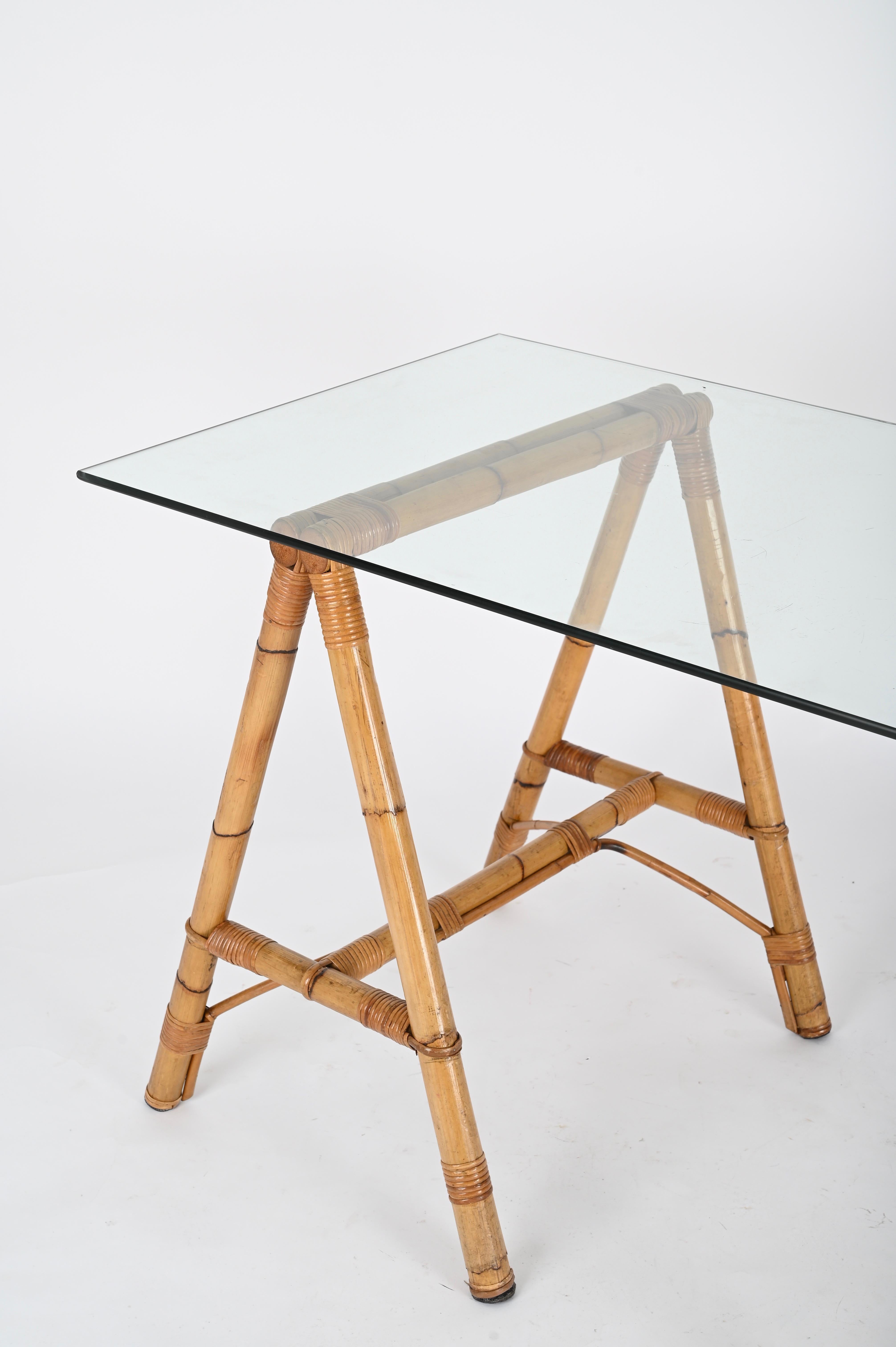 Midcentury Italian Trestle Desk or Table in Bamboo, Rattan by Vivai Del Sud, 70s For Sale 3