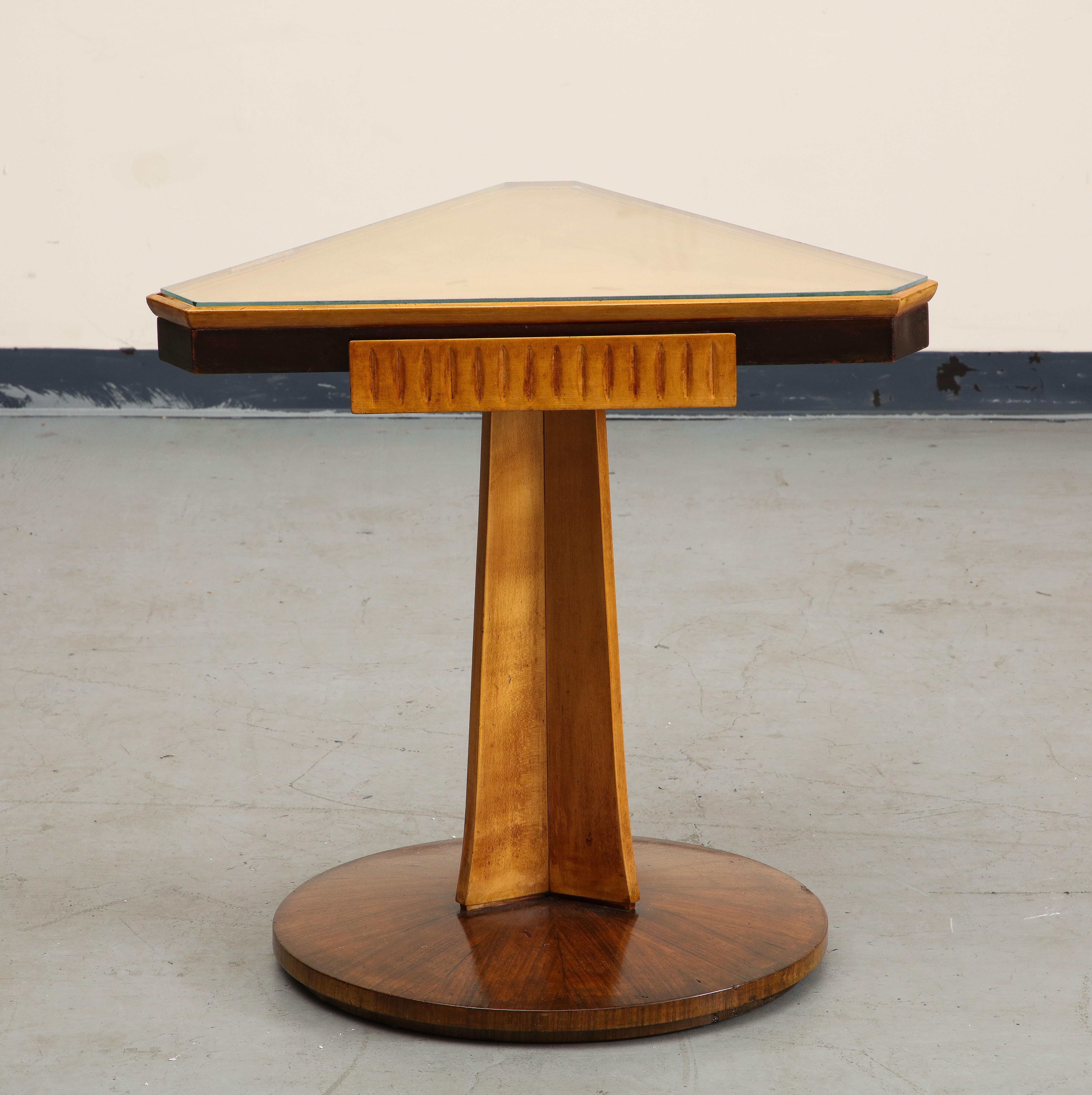 1950s Italian midcentury triangular fruitwood pedestal side table, with glass top. Handsome Art Deco details, sculptural.