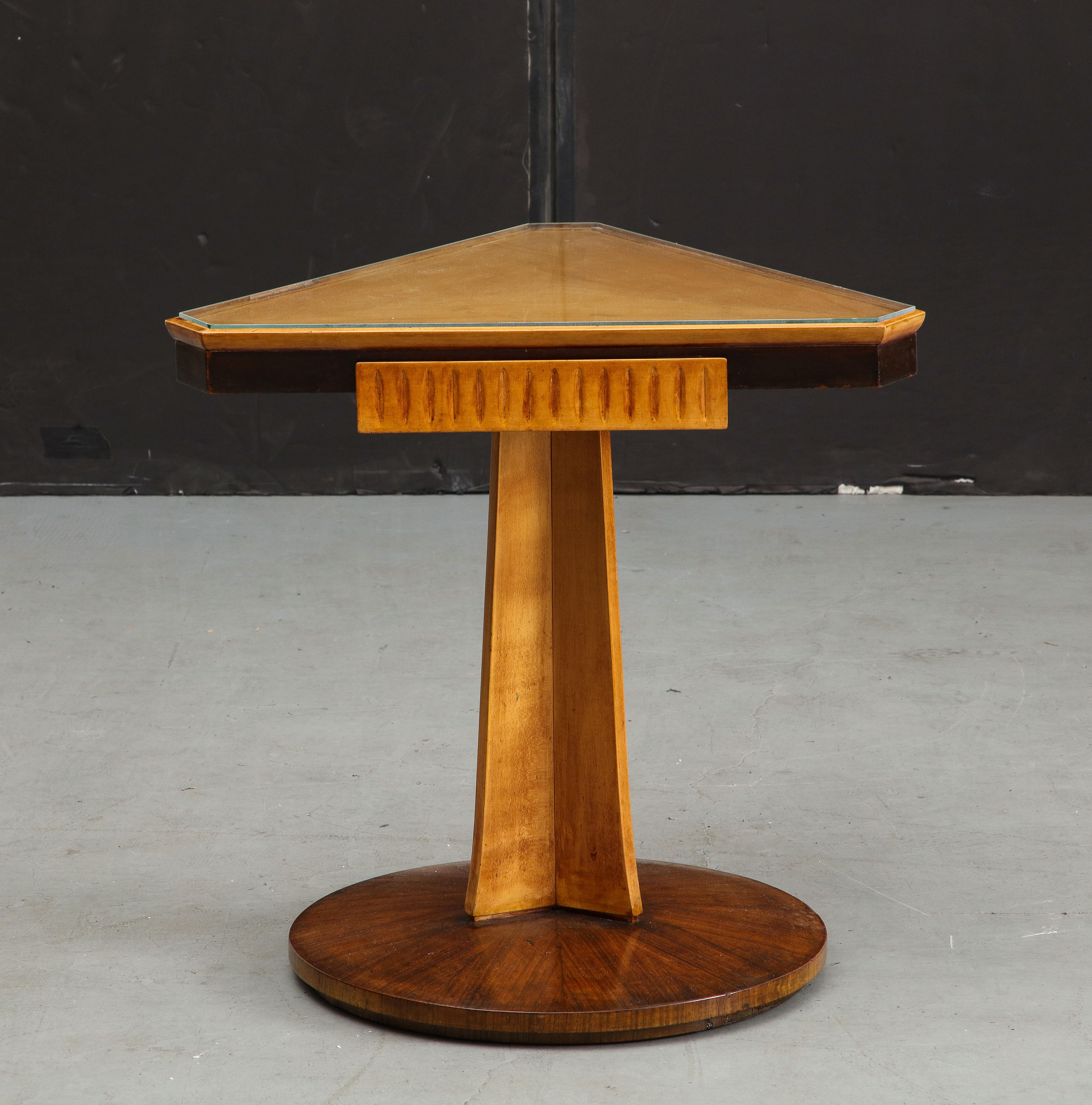 Art Deco Midcentury Italian Triangular Fruitwood Side Table with Glass Top For Sale