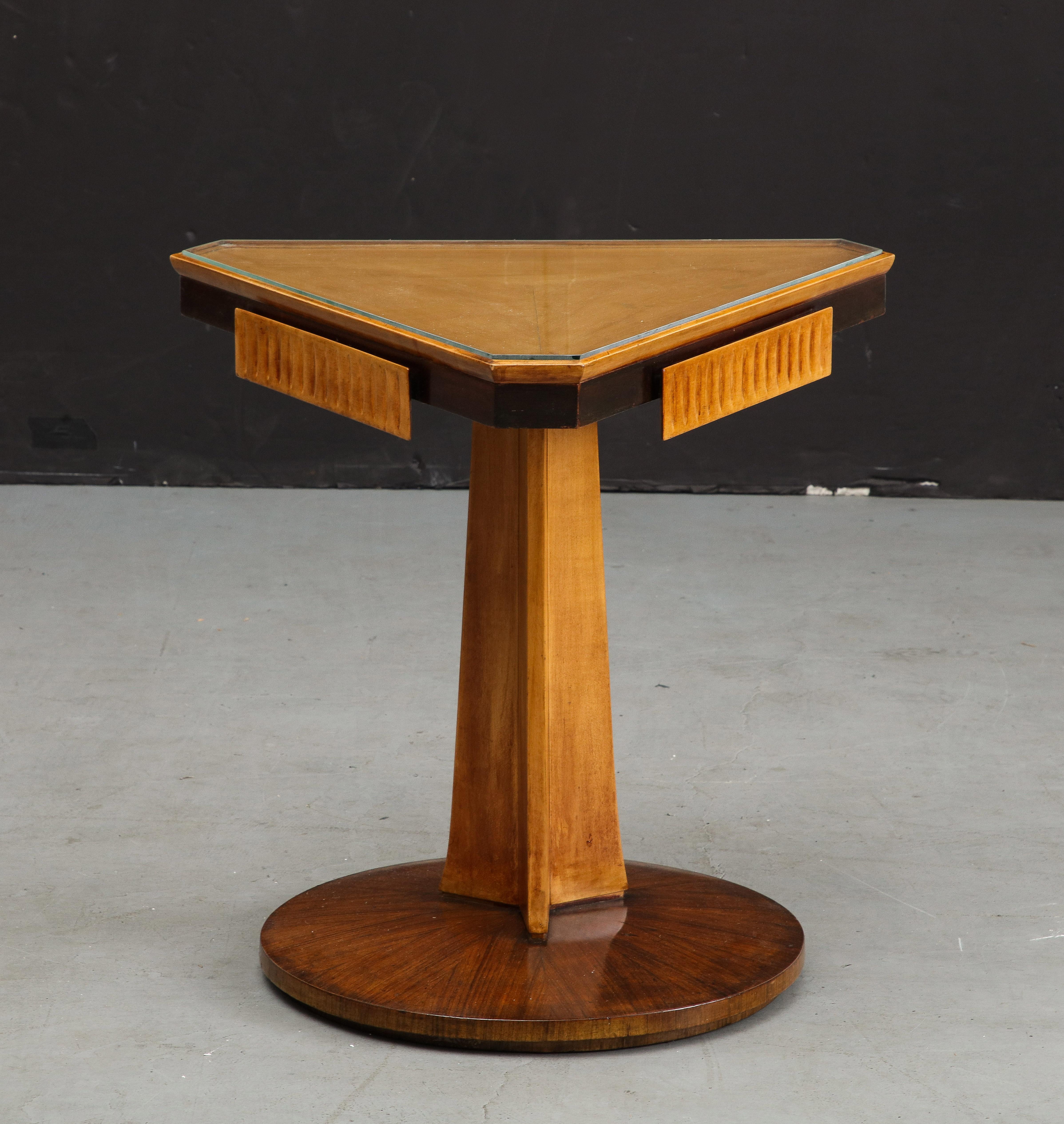 Midcentury Italian Triangular Fruitwood Side Table with Glass Top In Good Condition For Sale In Chicago, IL
