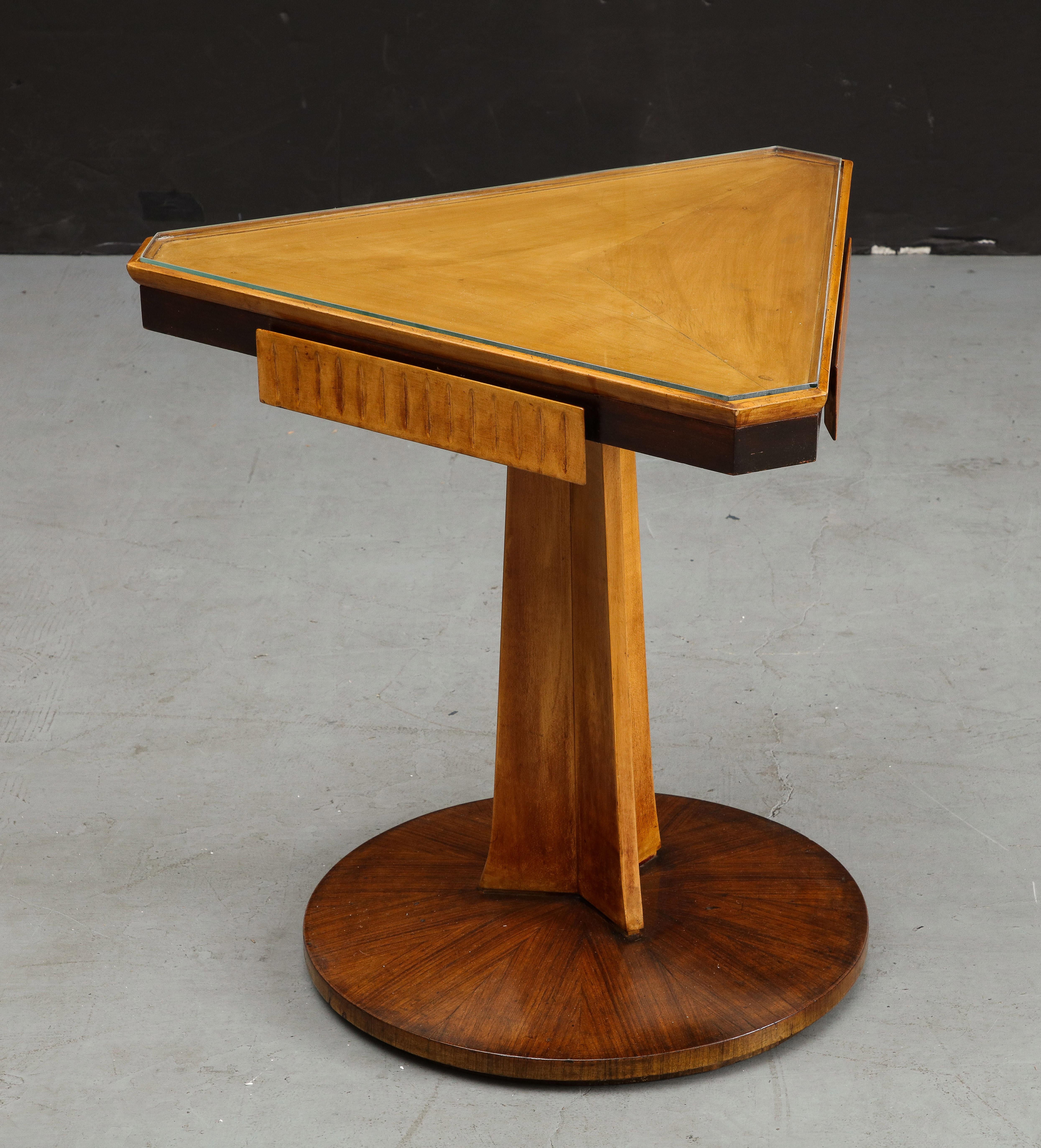 20th Century Midcentury Italian Triangular Fruitwood Side Table with Glass Top For Sale