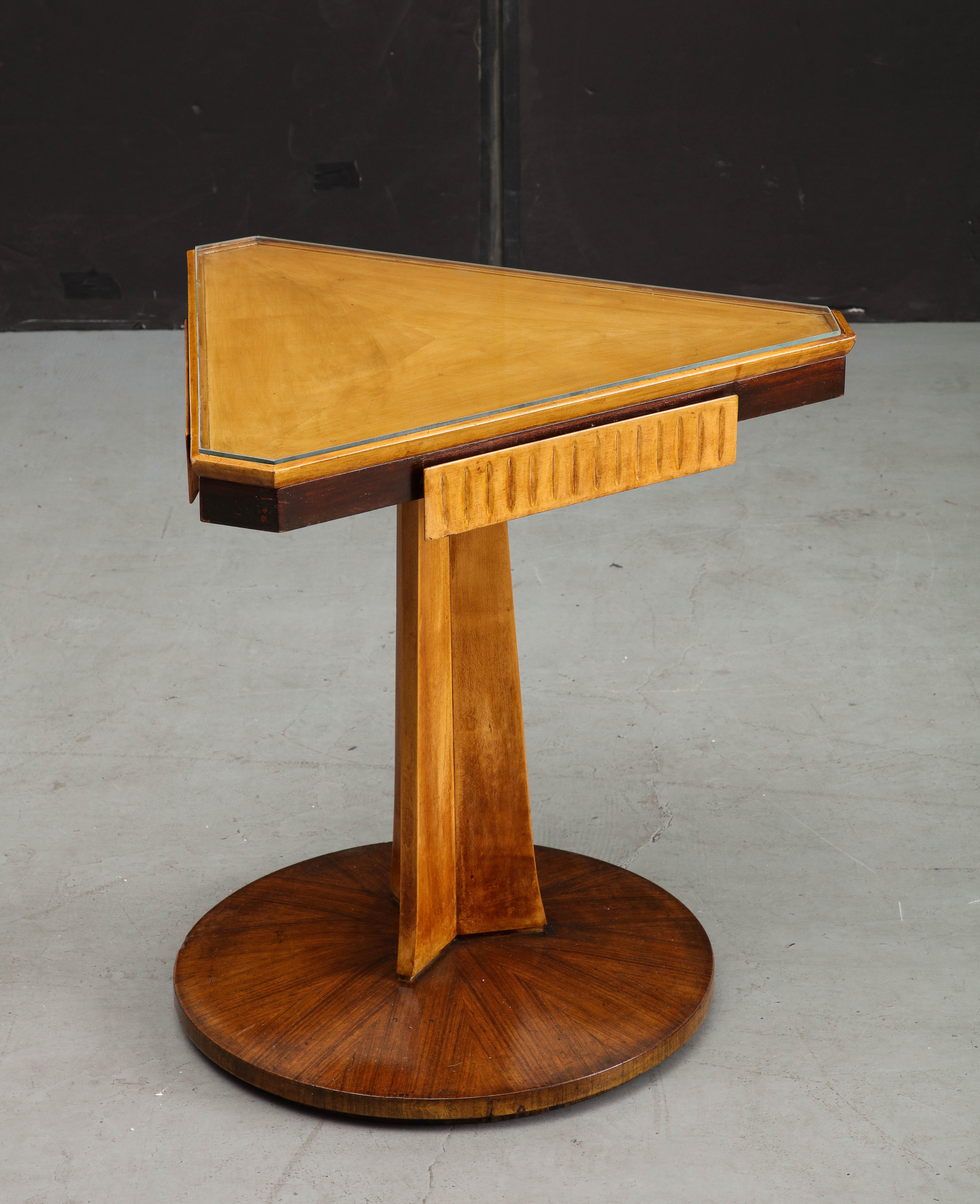 Midcentury Italian Triangular Fruitwood Side Table with Glass Top For Sale 1
