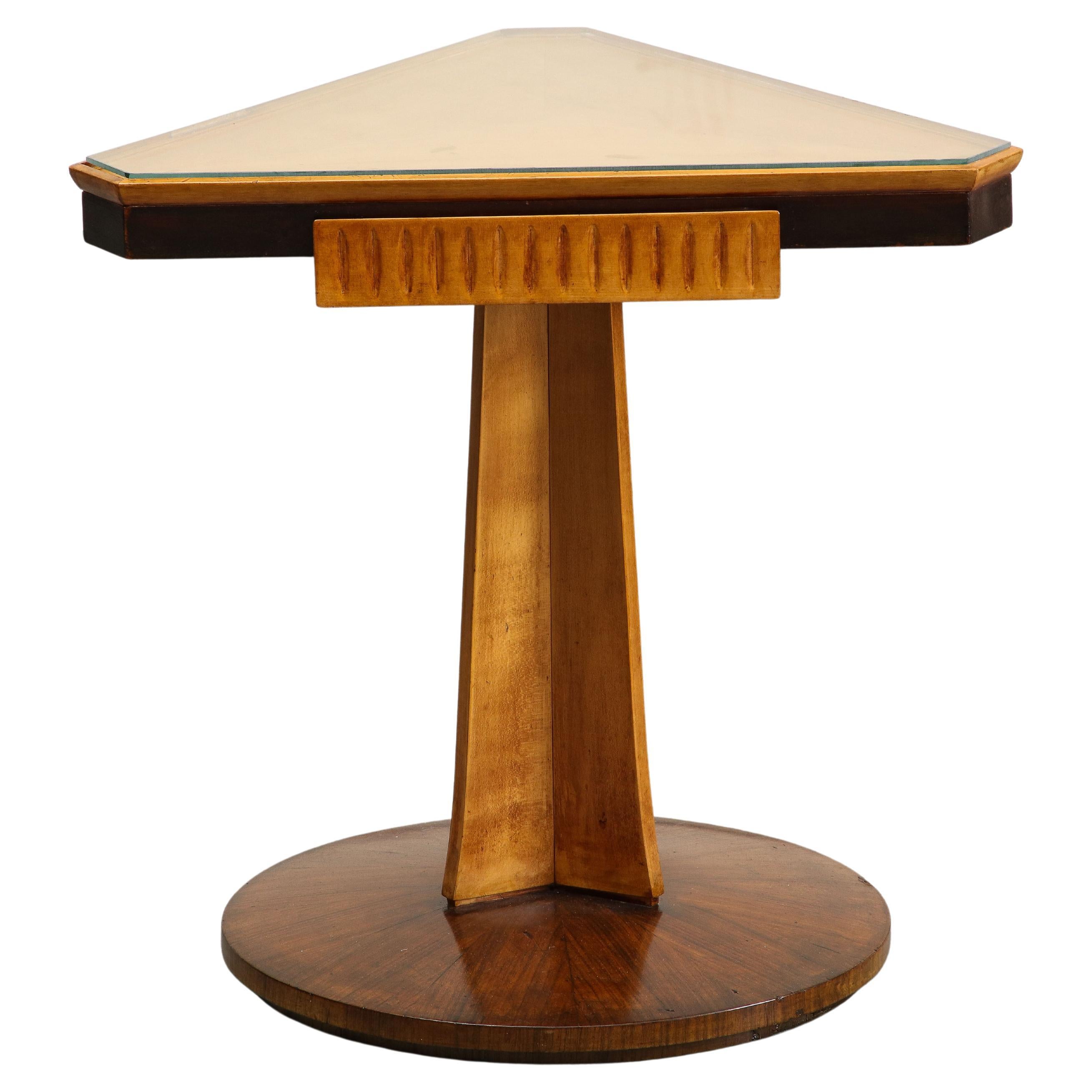 Midcentury Italian Triangular Fruitwood Side Table with Glass Top For Sale