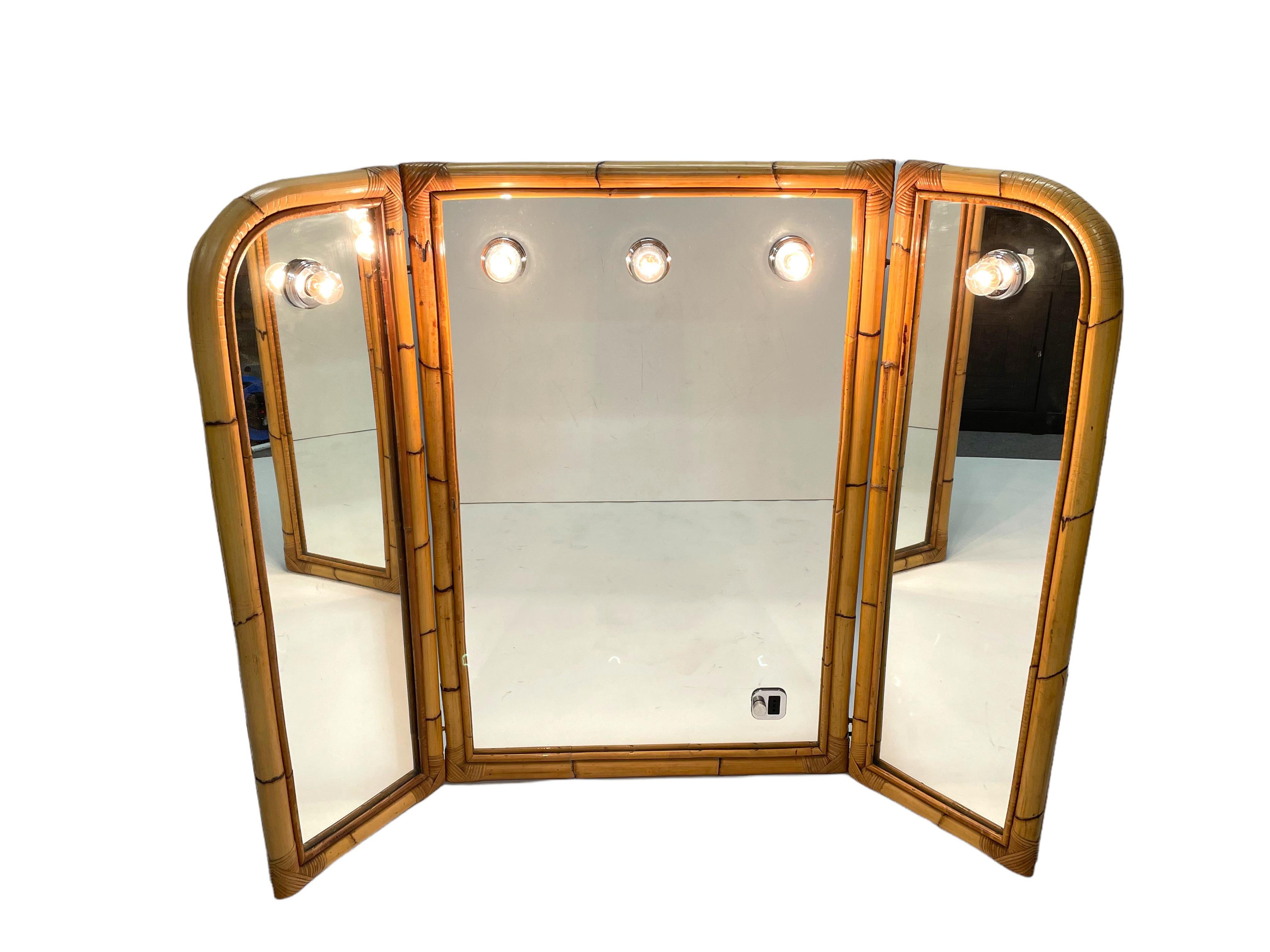 Midcentury Italian Triple Folding Bamboo Mirror with Dimmable Lighting, 1970s For Sale 7