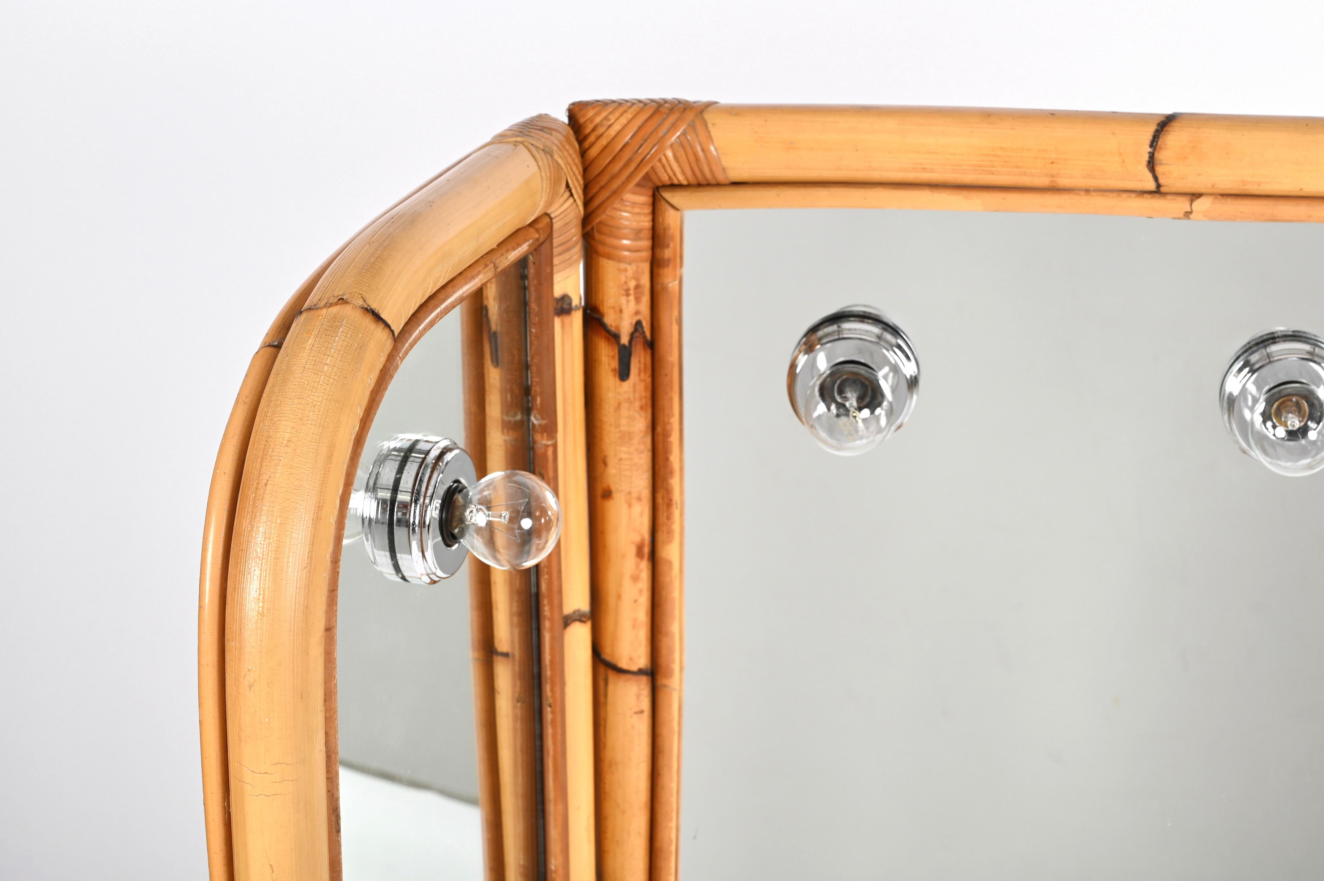 Midcentury Italian Triple Folding Bamboo Mirror with Dimmable Lighting, 1970s For Sale 8