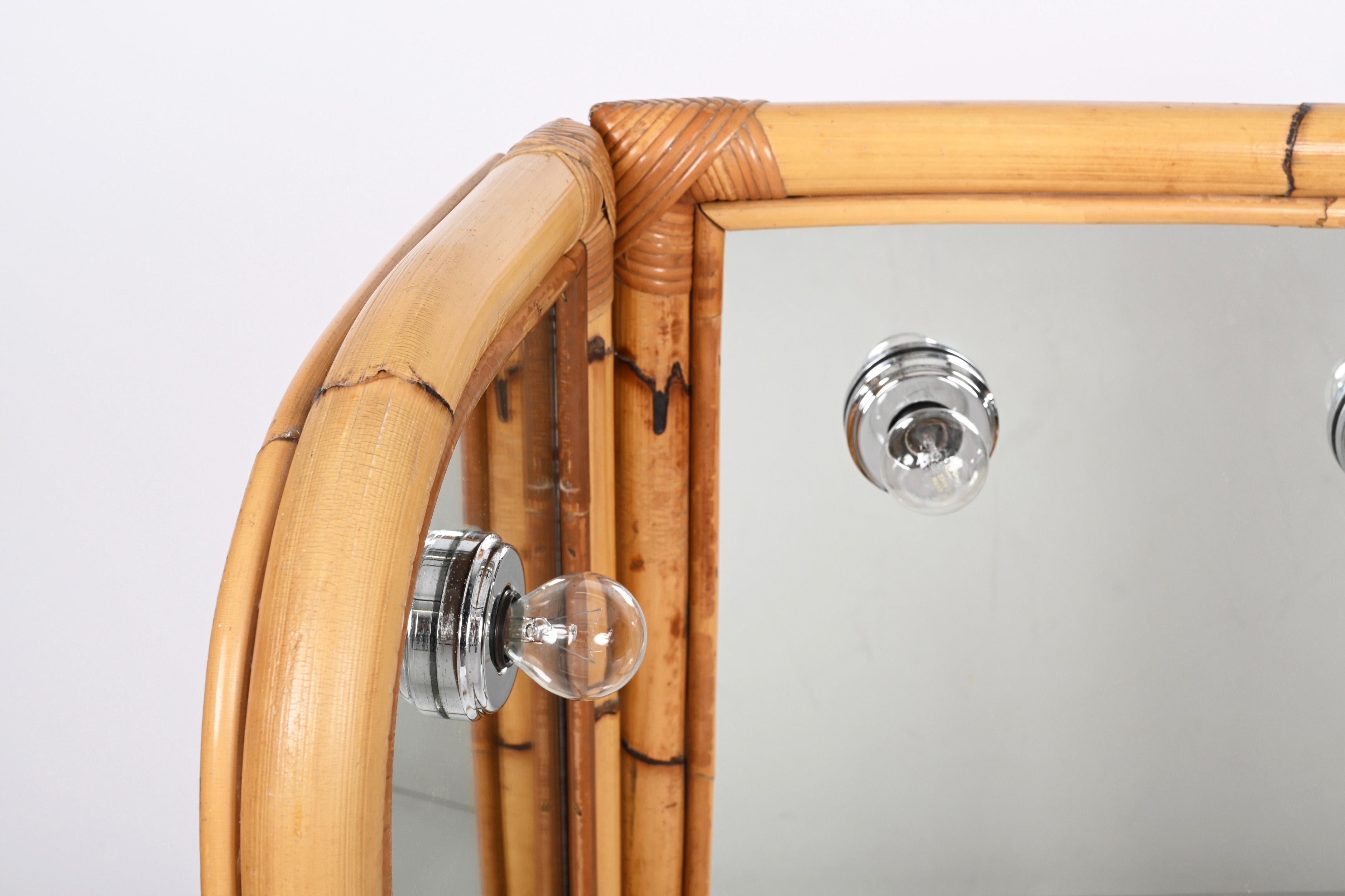 Midcentury Italian Triple Folding Bamboo Mirror with Dimmable Lighting, 1970s For Sale 9