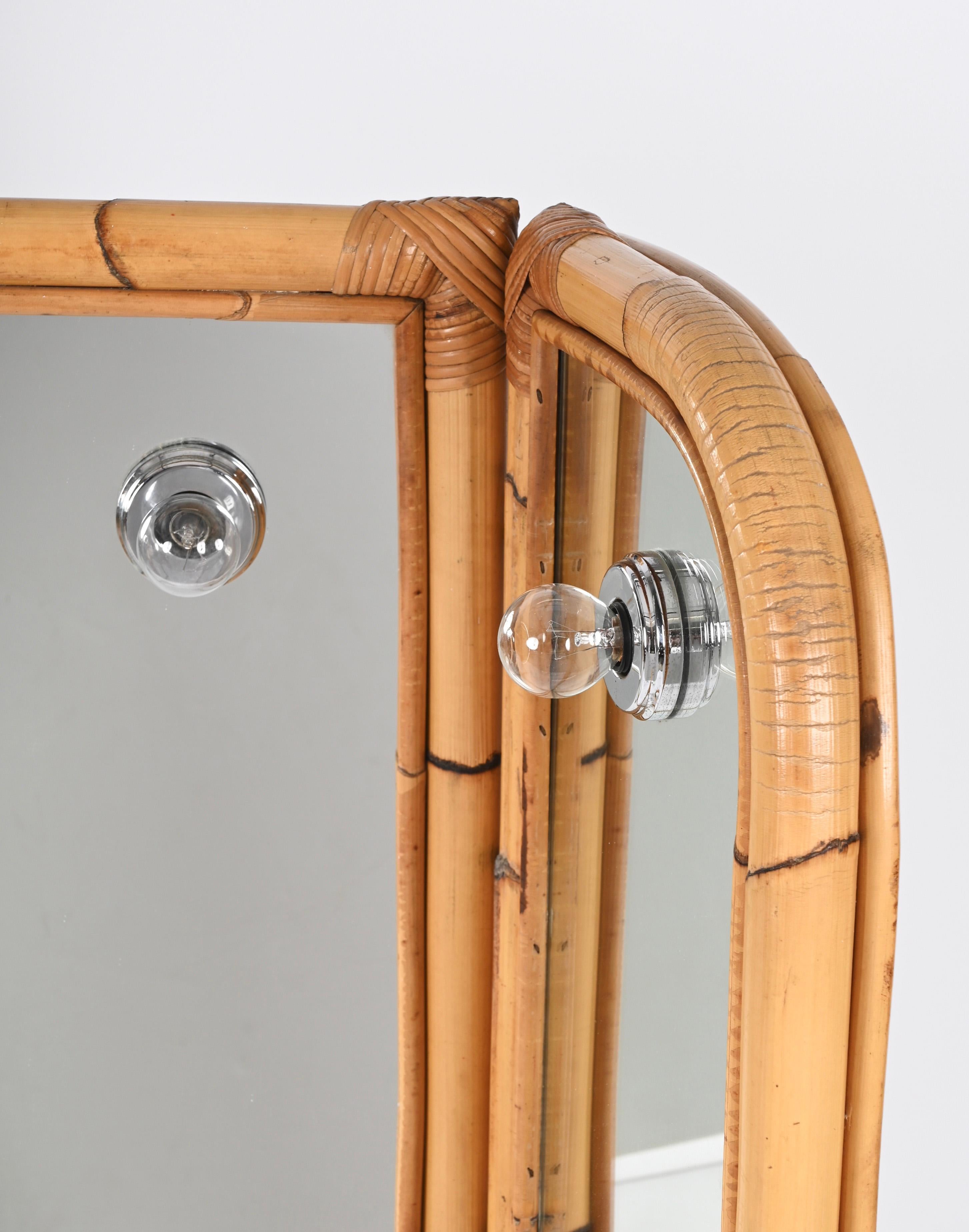 Midcentury Italian Triple Folding Bamboo Mirror with Dimmable Lighting, 1970s For Sale 12