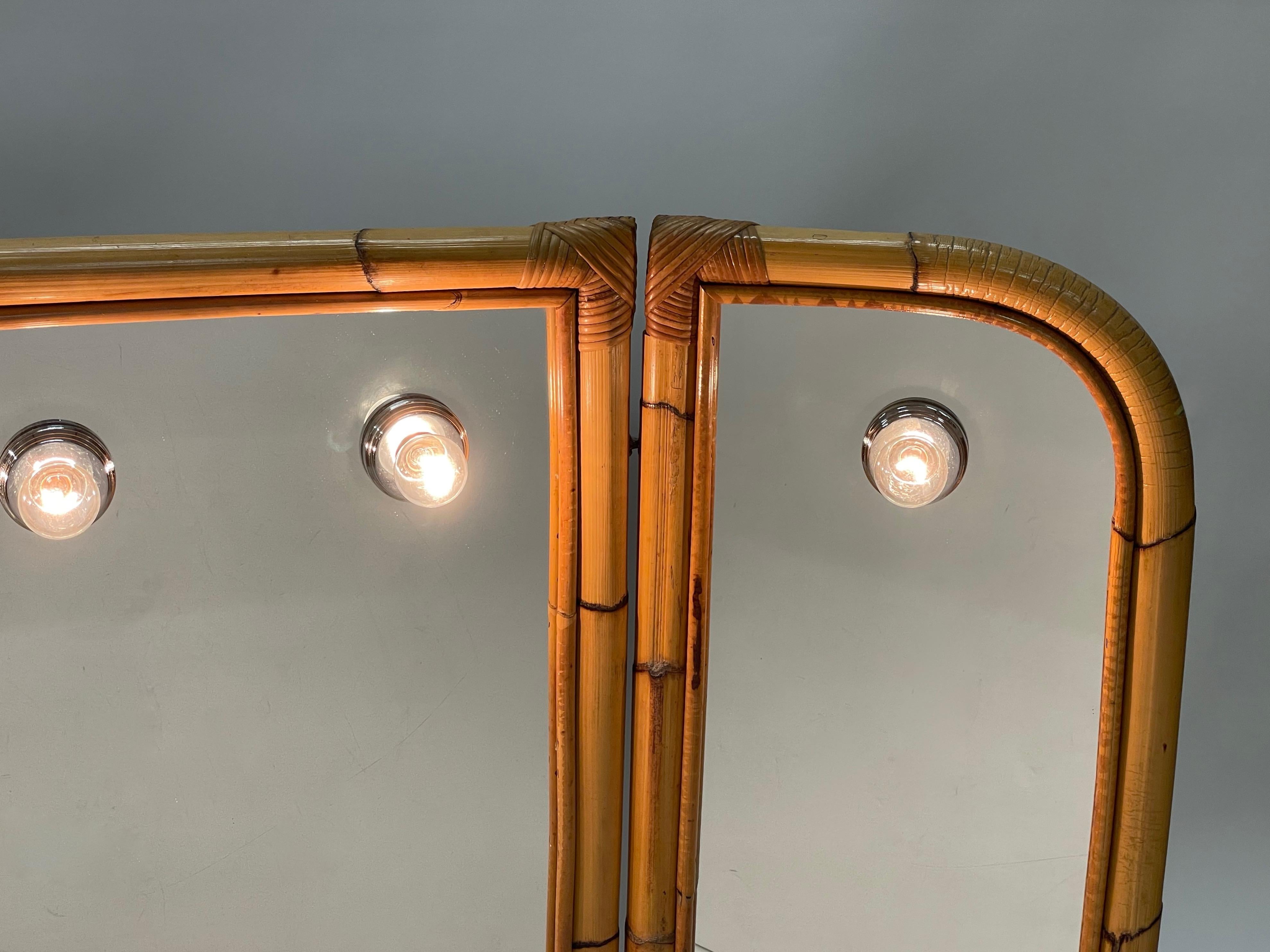 Midcentury Italian Triple Folding Bamboo Mirror with Dimmable Lighting, 1970s For Sale 14