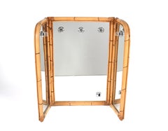 Midcentury Italian Triple Folding Bamboo Mirror with Dimmable Lighting, 1970s