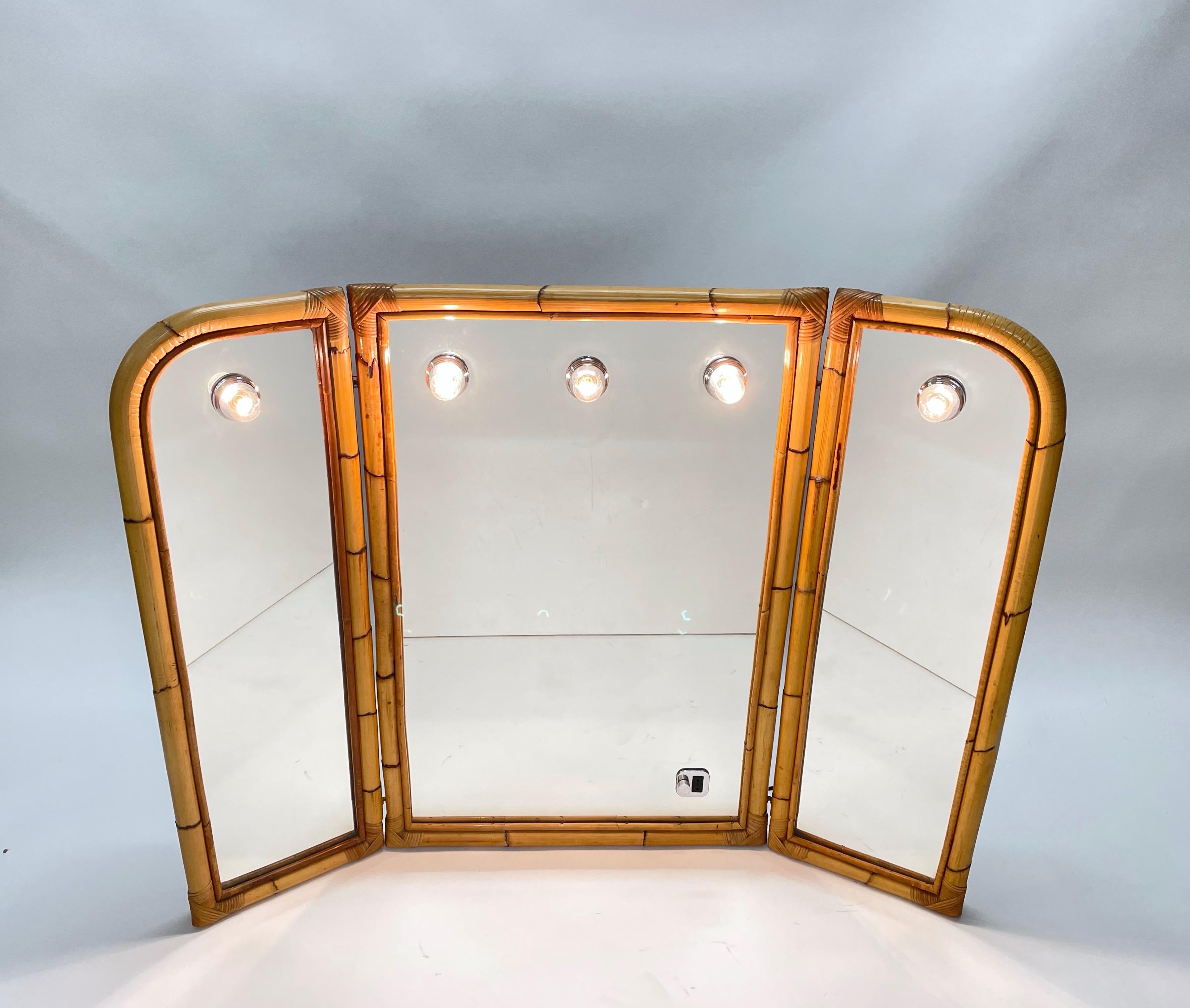 Late 20th Century Midcentury Italian Triple Folding Bamboo Mirror with Dimmable Lighting, 1970s For Sale
