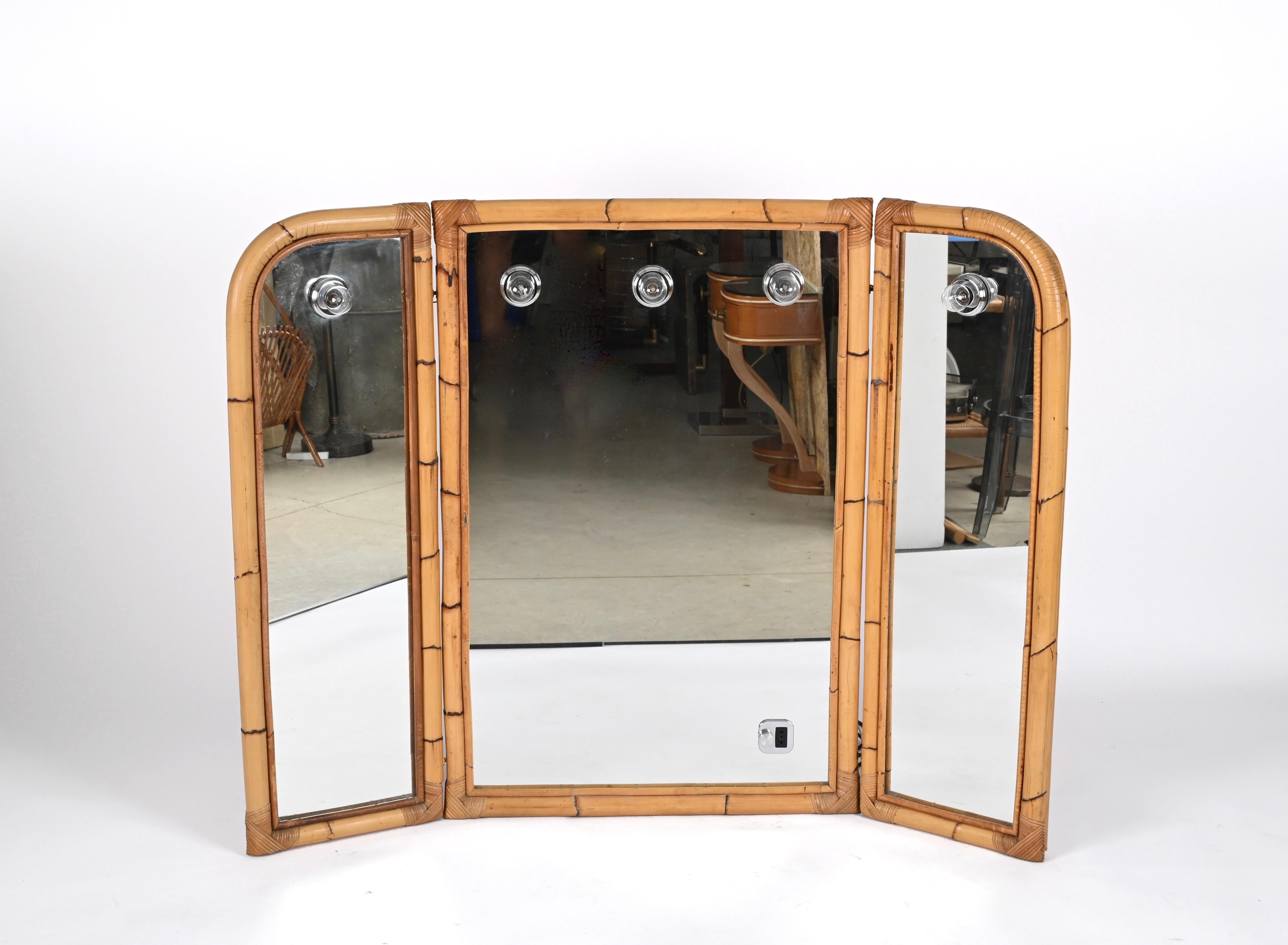 Midcentury Italian Triple Folding Bamboo Mirror with Dimmable Lighting, 1970s For Sale 1