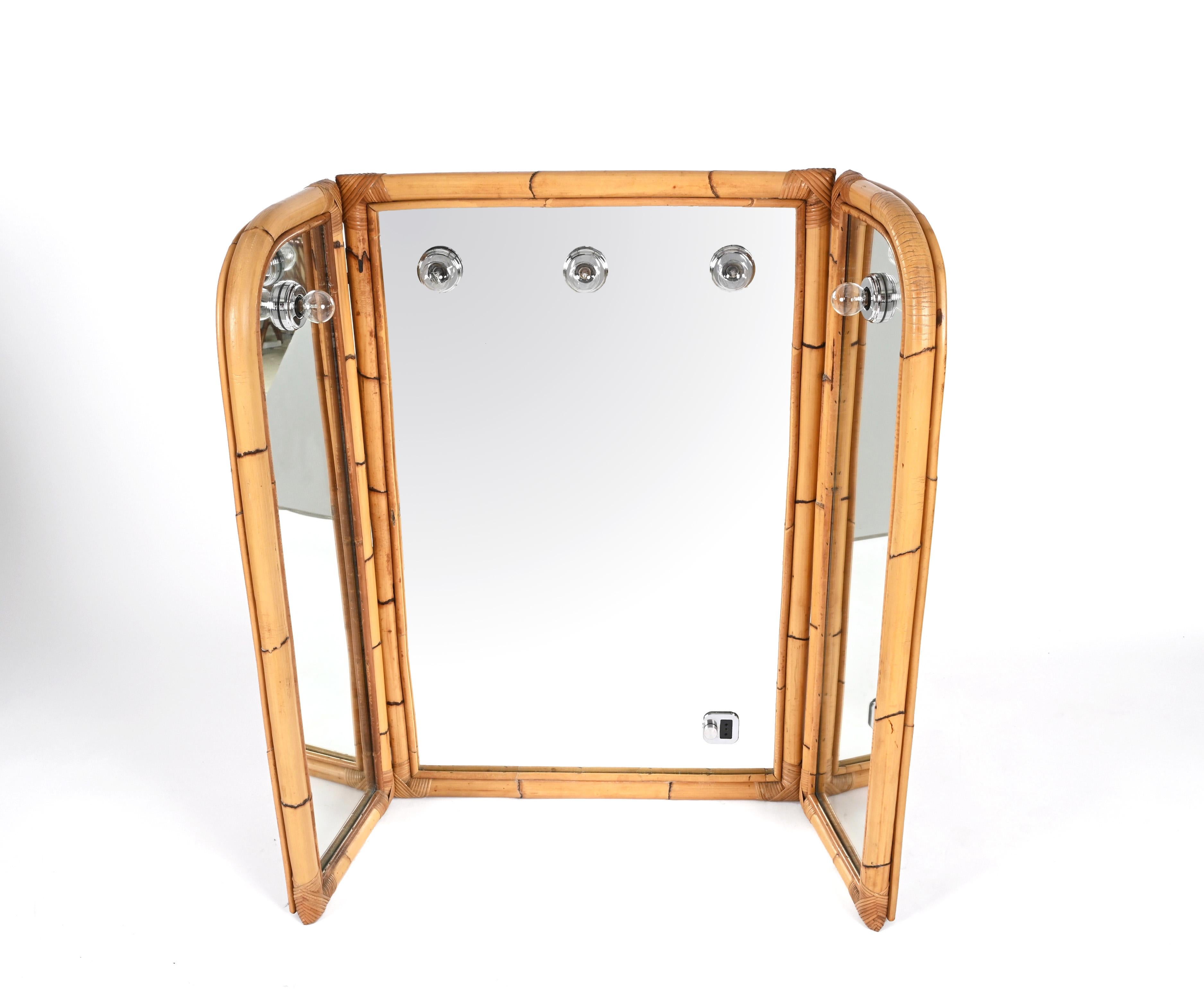 Midcentury Italian Triple Folding Bamboo Mirror with Dimmable Lighting, 1970s For Sale 4