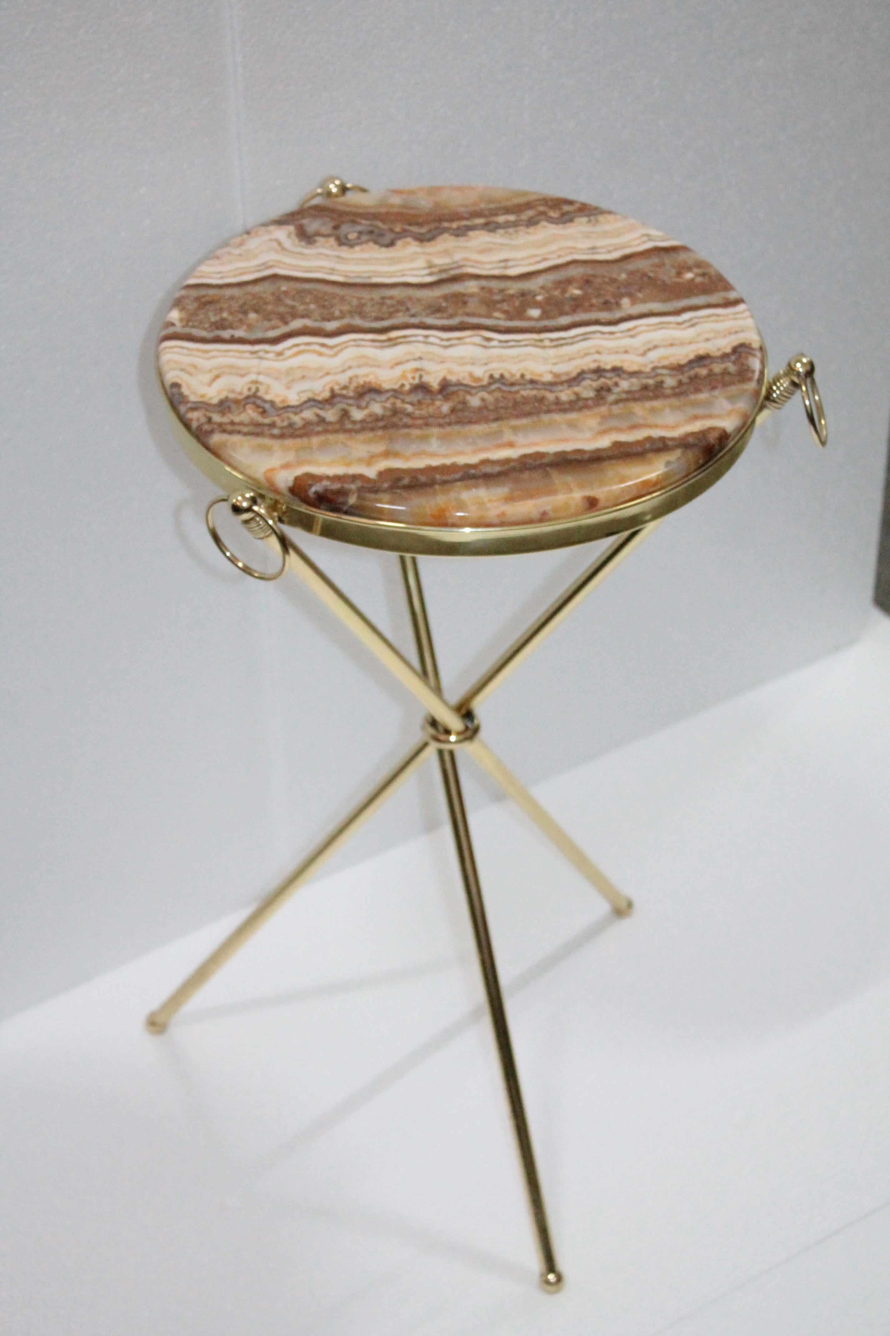 Midcentury Italian Tripod Round Side Table 1950s Brass and Onyx Marble 5