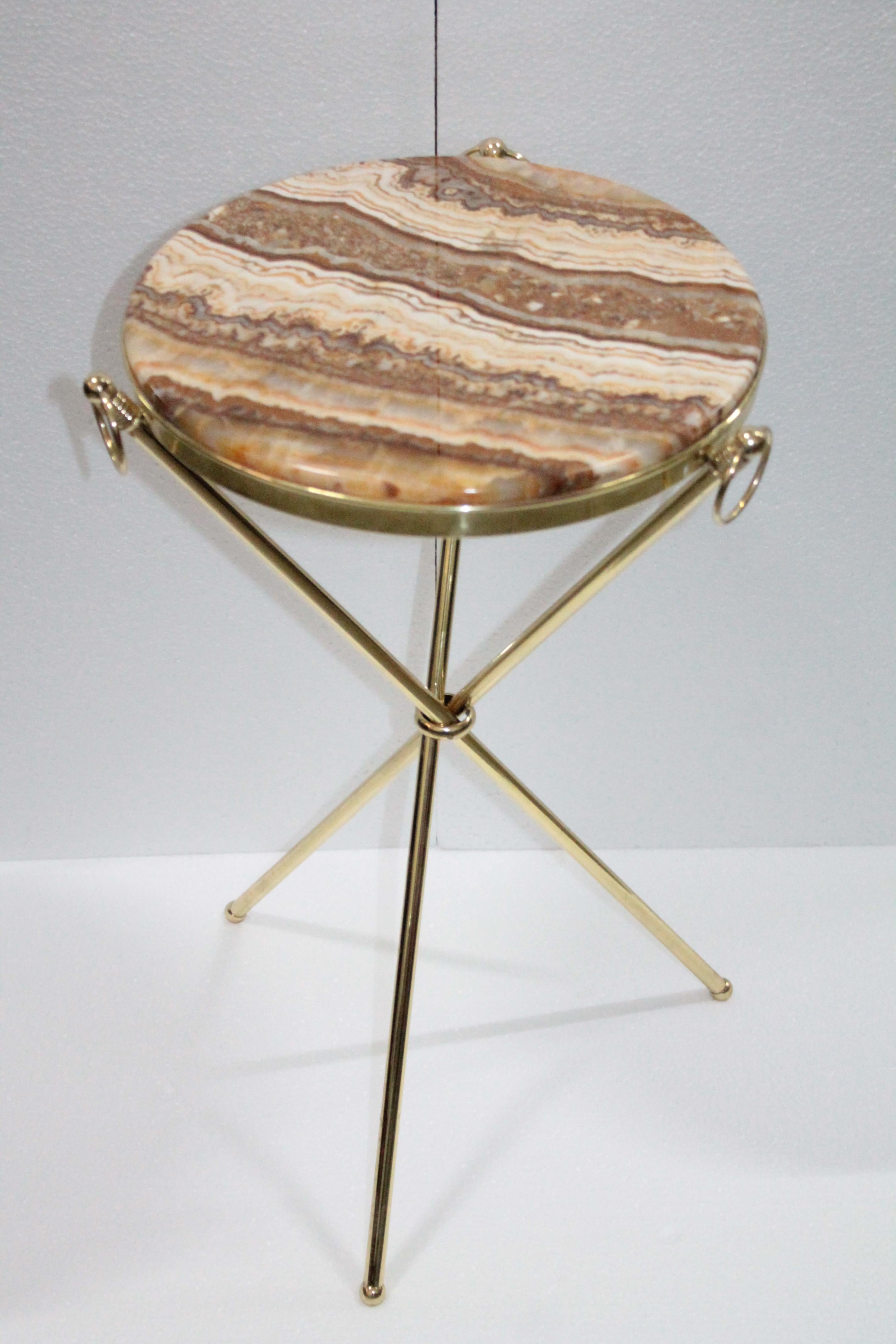 Midcentury Italian Tripod Round Side Table 1950s Brass and Onyx Marble 7