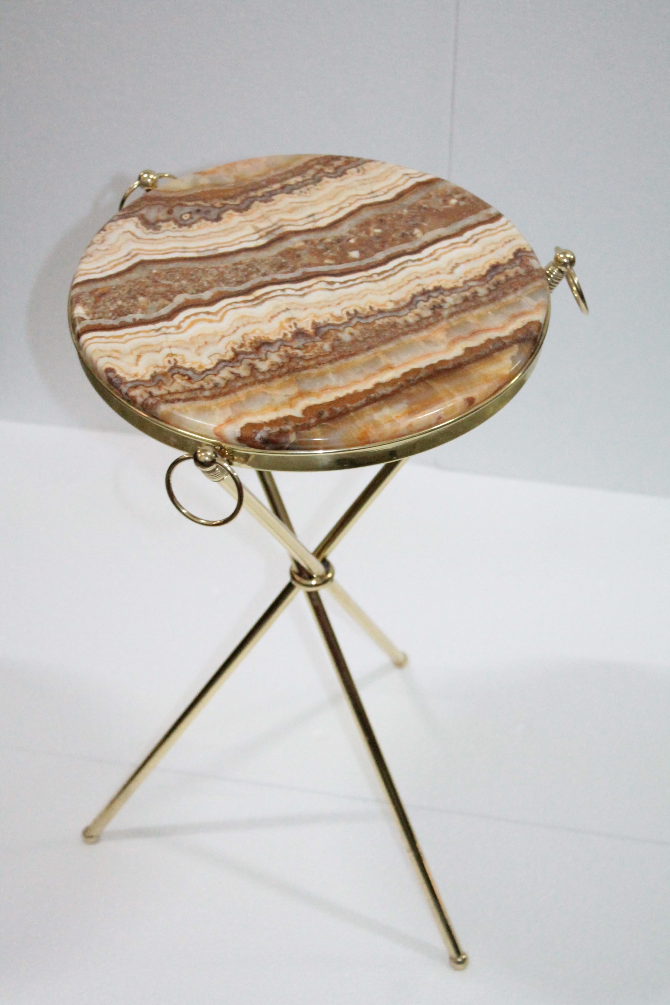 Mid-20th Century Midcentury Italian Tripod Round Side Table 1950s Brass and Onyx Marble
