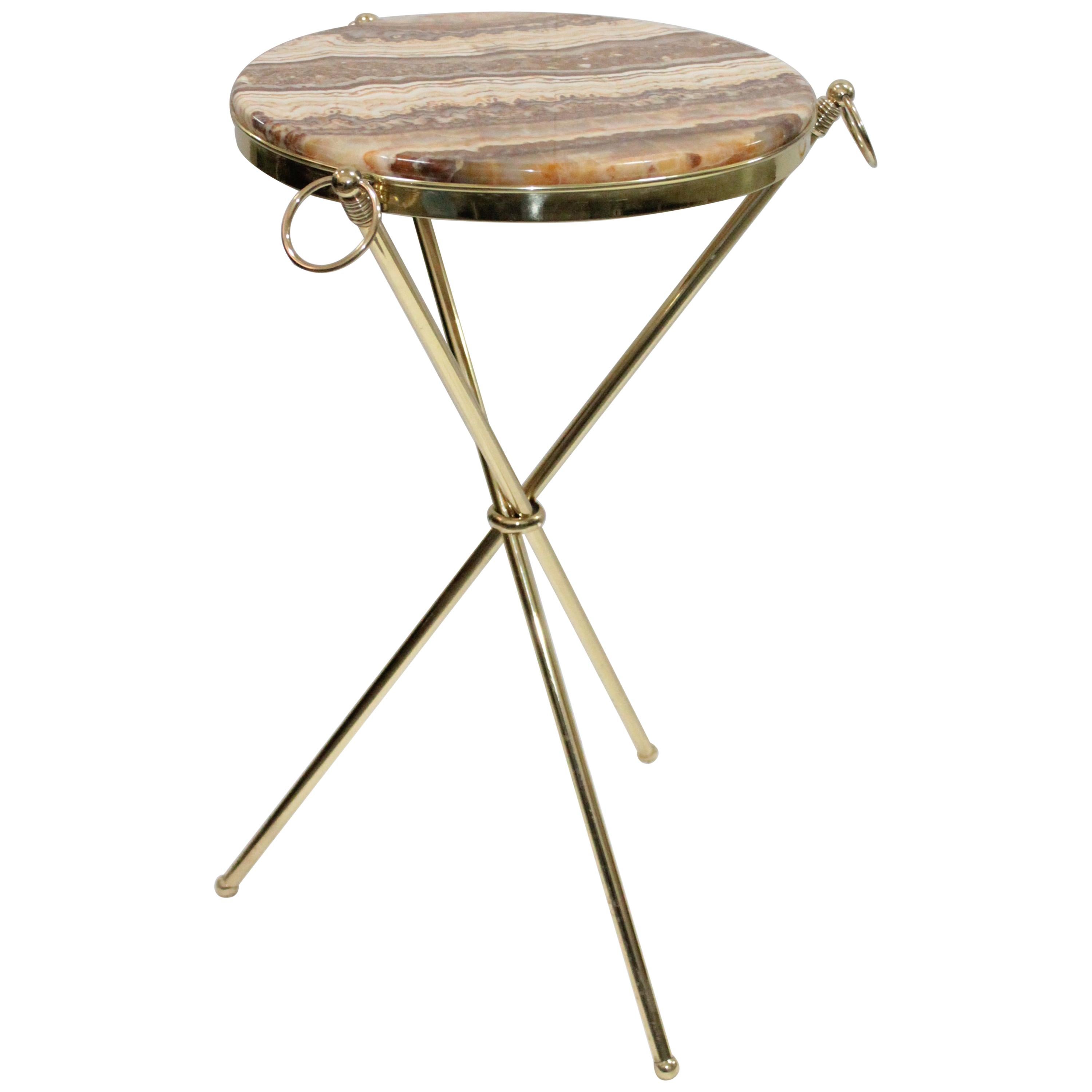 Midcentury Italian Tripod Round Side Table 1950s Brass and Onyx Marble