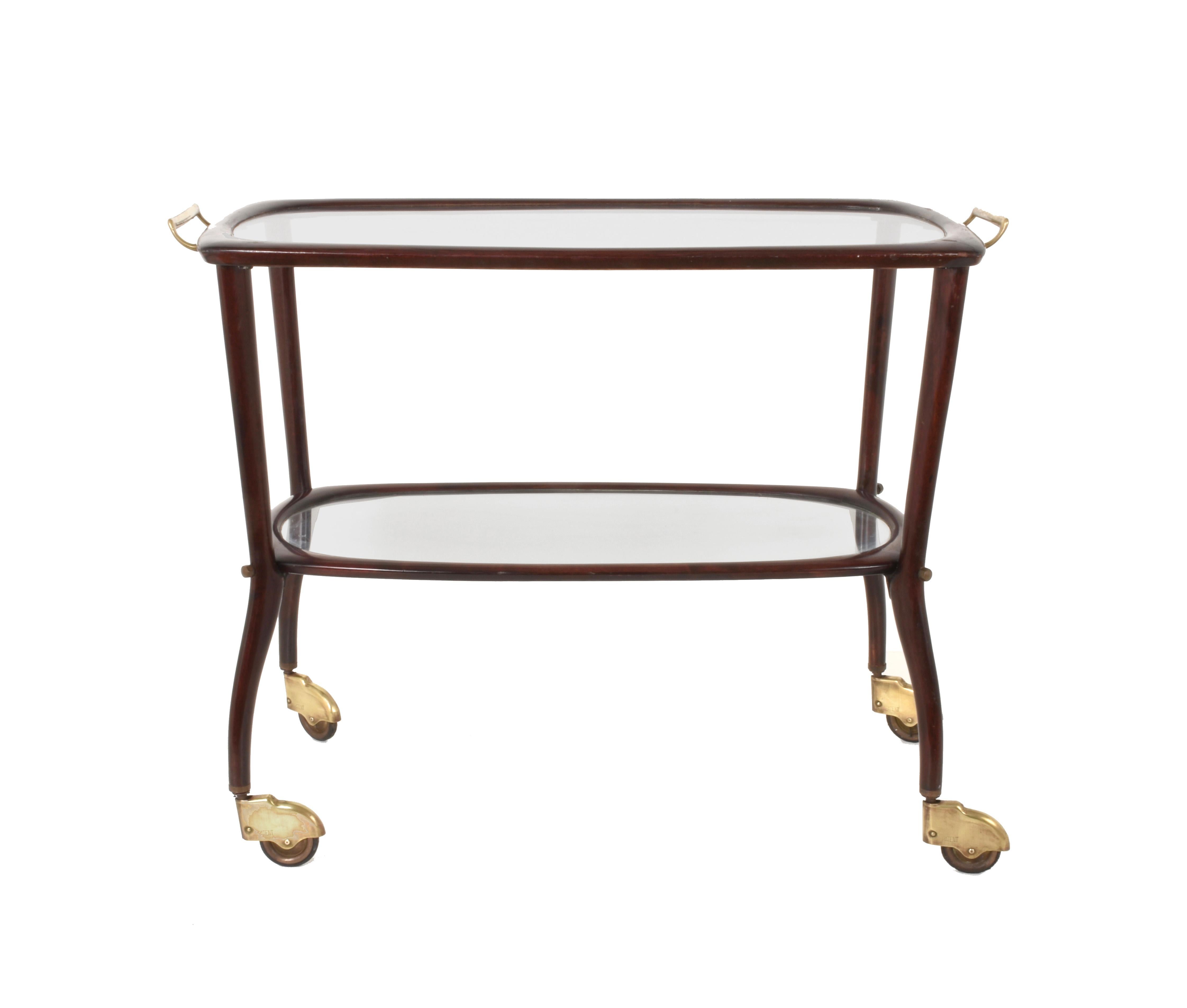 Italian bar cart from the mid-20th century in mahogany Cesare Lacca,
Italy, 1950s. Label of the Bologna manufacturer.