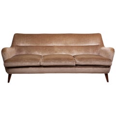 Midcentury Italian Velvet Sofa and Two Armchairs Gold Cream