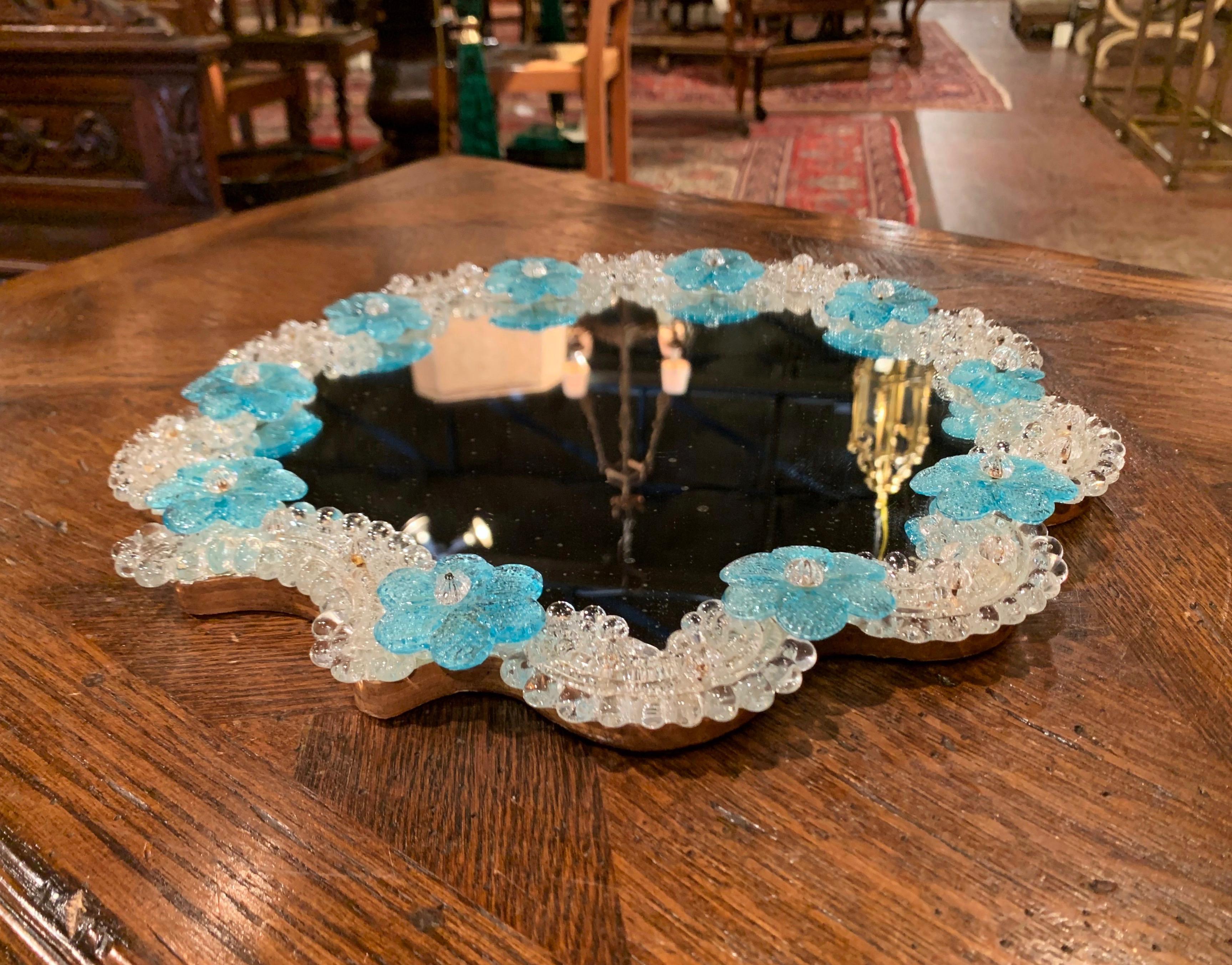 Midcentury Italian Venetian Murano Mirrored Tray Table with Floral Decor In Excellent Condition In Dallas, TX