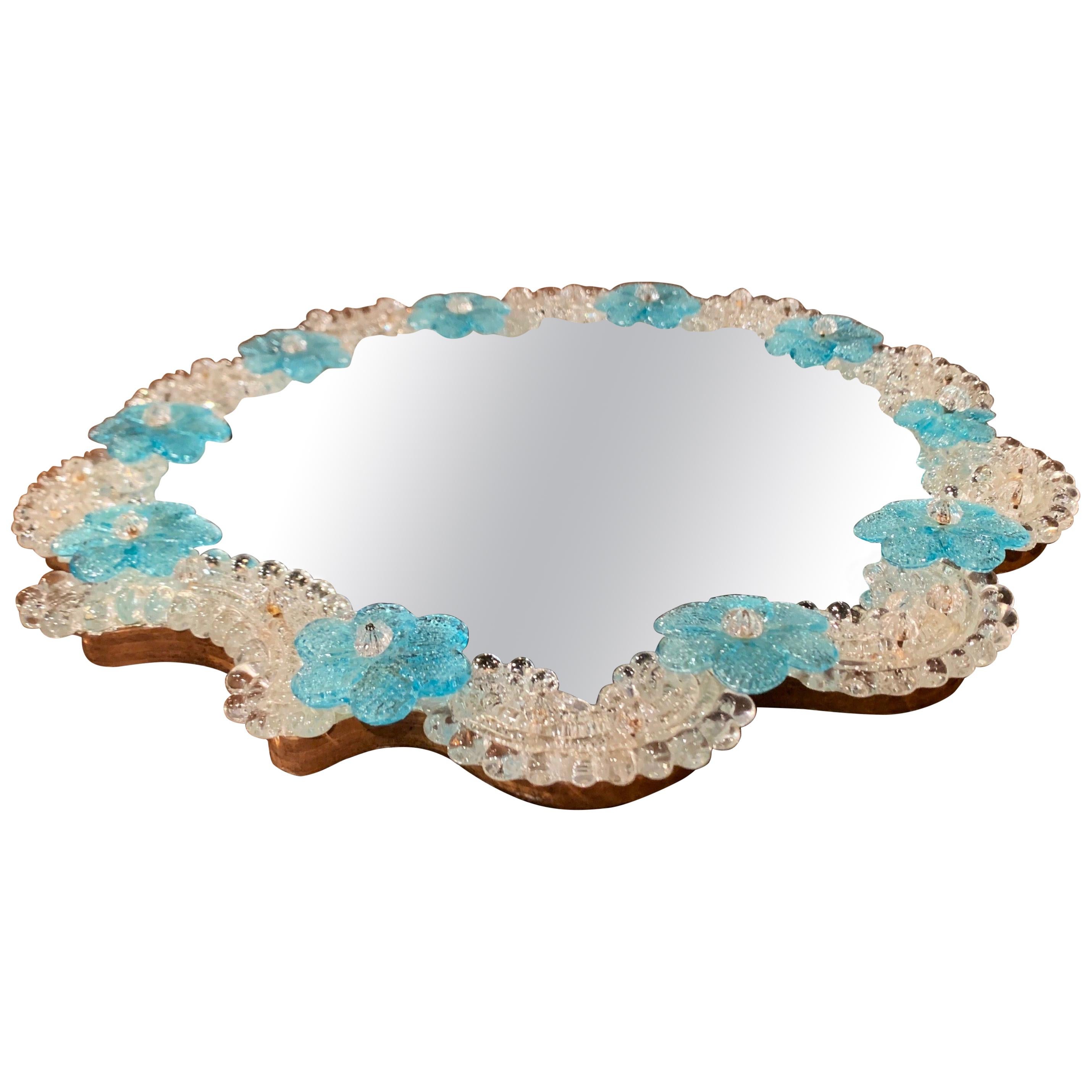 Midcentury Italian Venetian Murano Mirrored Tray Table with Floral Decor